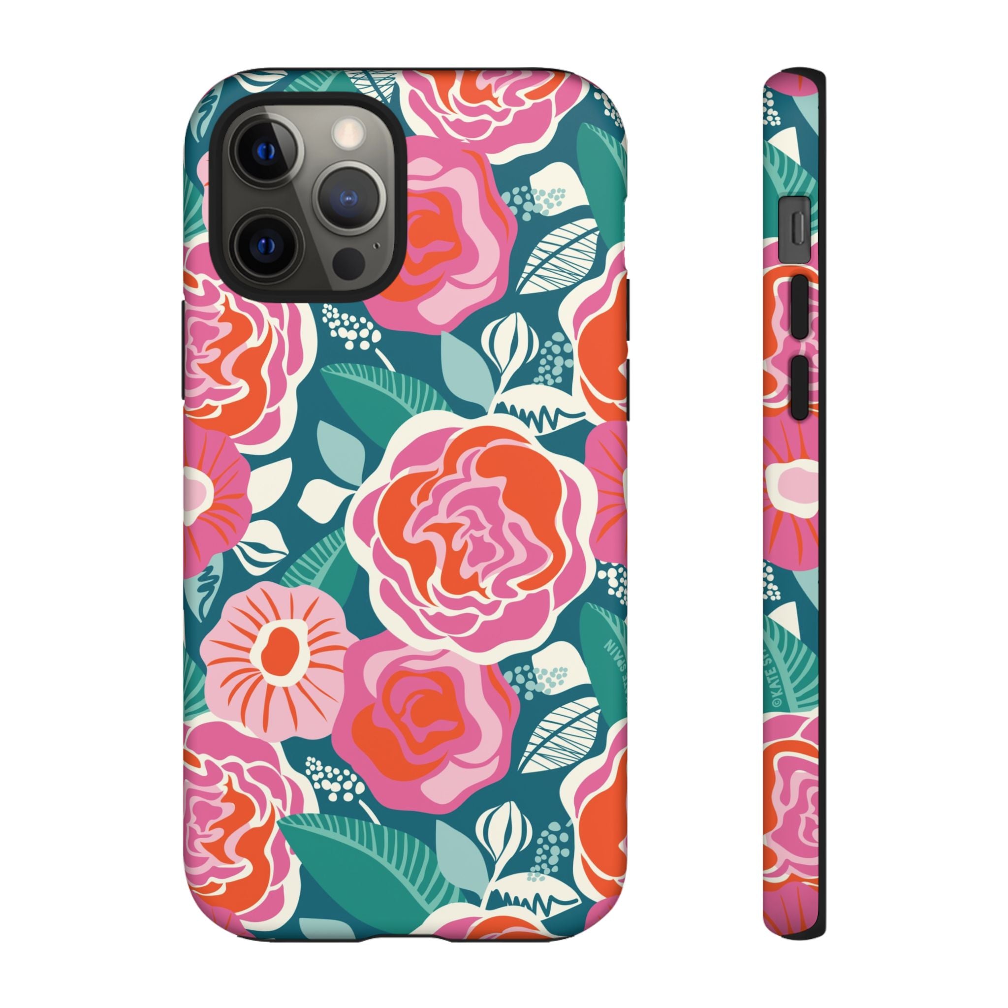 Tea Rose Teal Tough iPhone 12 Pro Case – Matte | teal, coral, pink botanical rose floral print