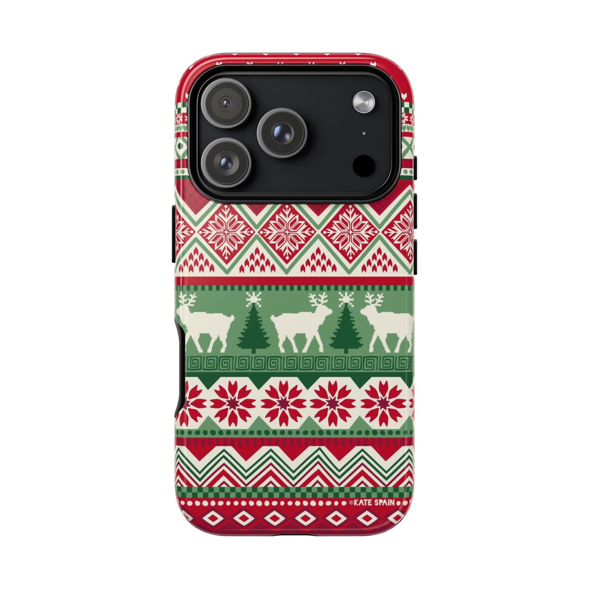 Telemark Tough iPhone 17 Pro Case – Glossy | red, green, cream fair isle reindeer Nordic print