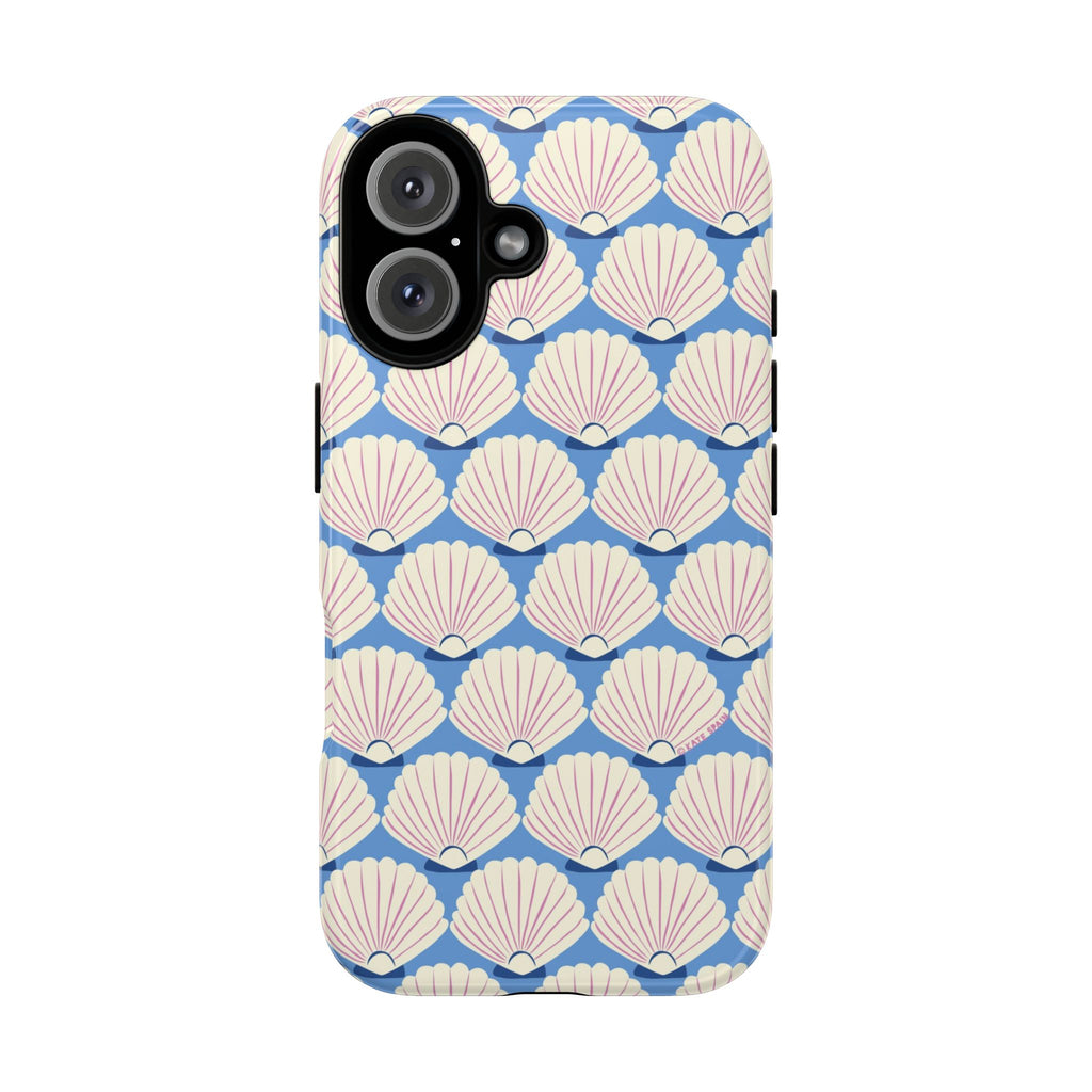 Seashells Tough iPhone 16 Case – Glossy | periwinkle, cream, blush scallop shell print