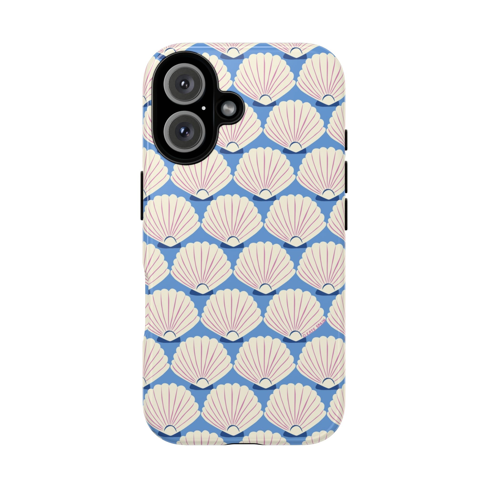 Seashells Tough iPhone 16 Case – Glossy | periwinkle, cream, blush scallop shell print