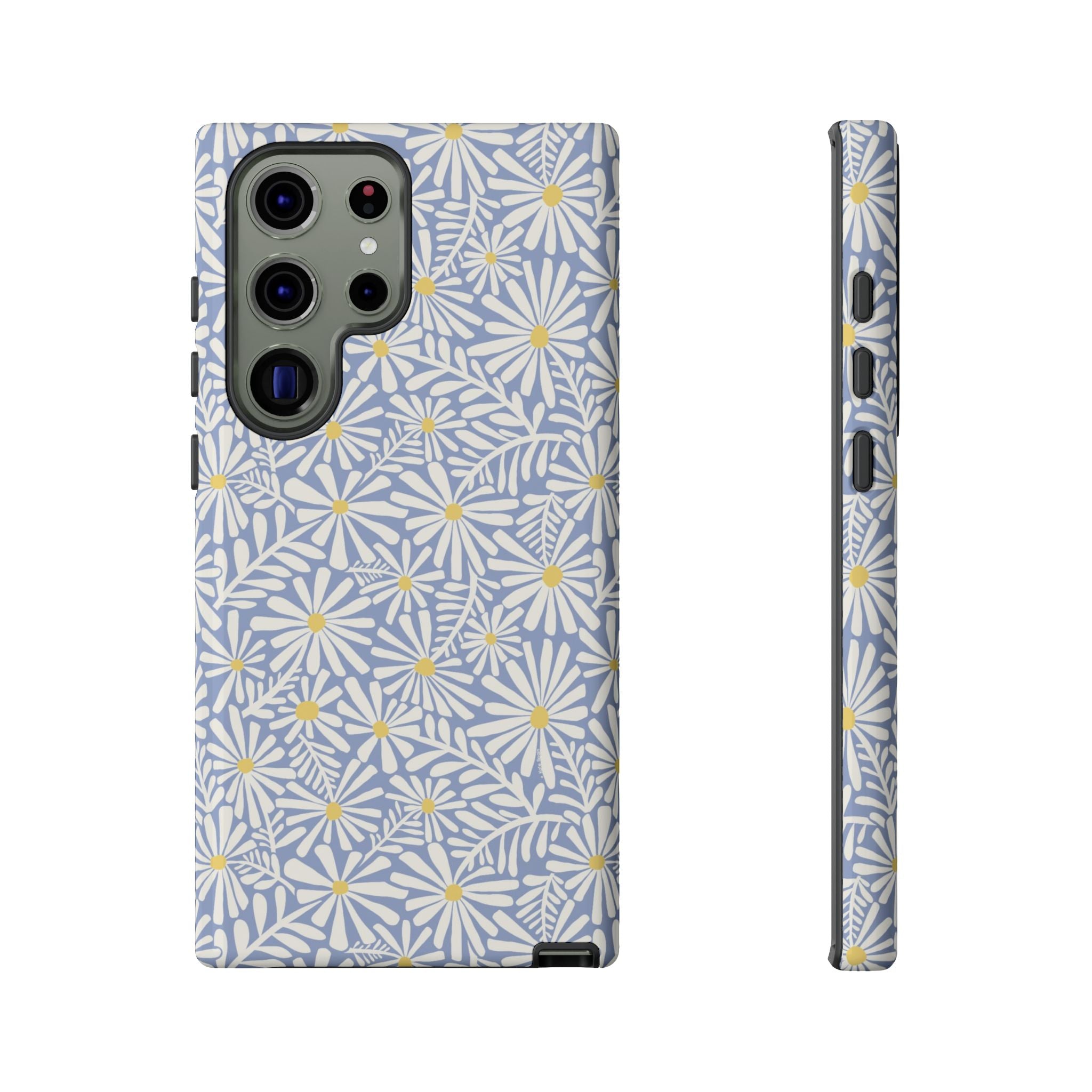 Montauk Daisy Cottage Blue Samsung Galaxy S23 Ultra Glossy case — white daisy and fern print on periwinkle blue by Kate Spain