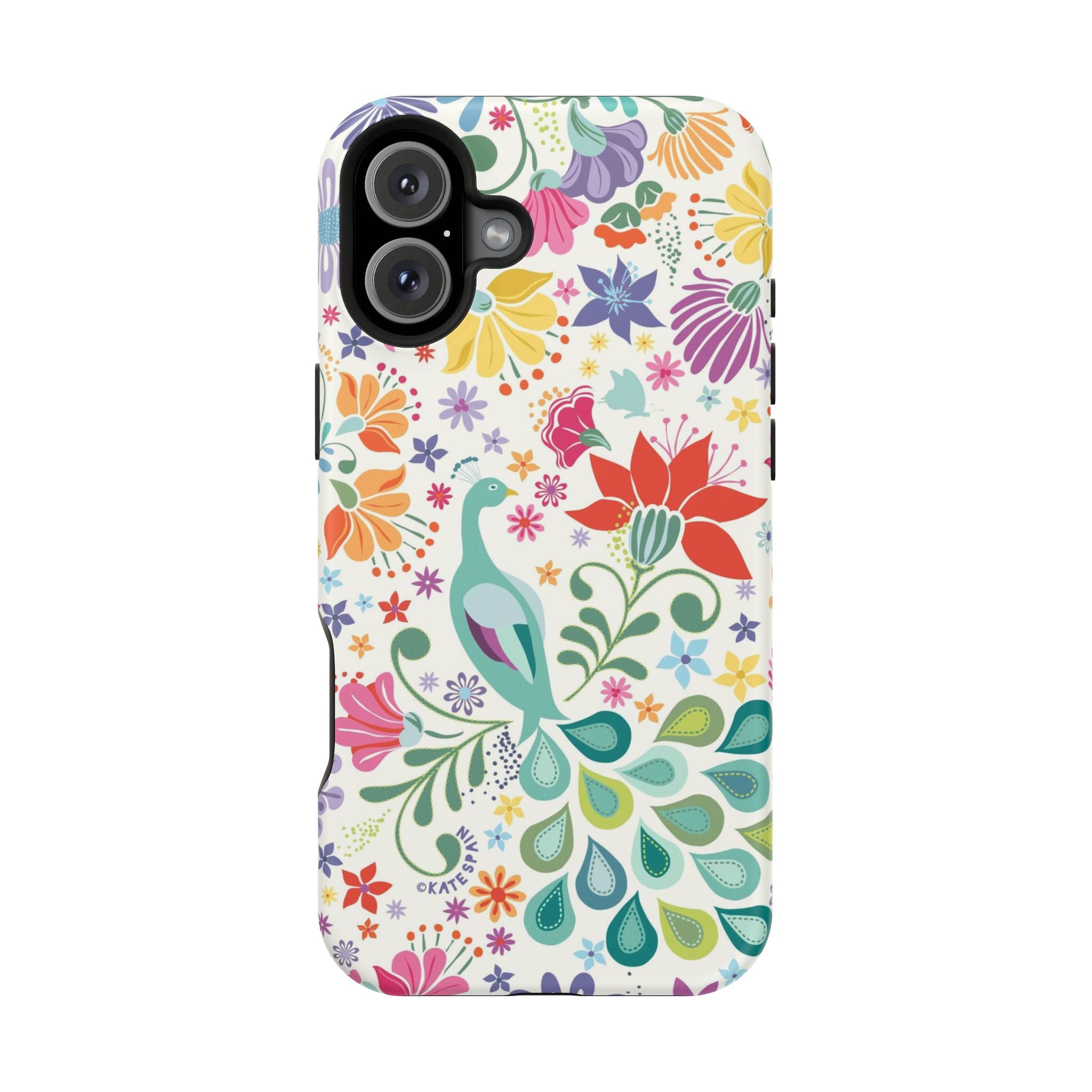Peacock Sanctuary MagSafe iPhone 16 Plus Case – Matte | ivory, teal, navy peacock botanical print MagSafe compatible, dual-layer protection