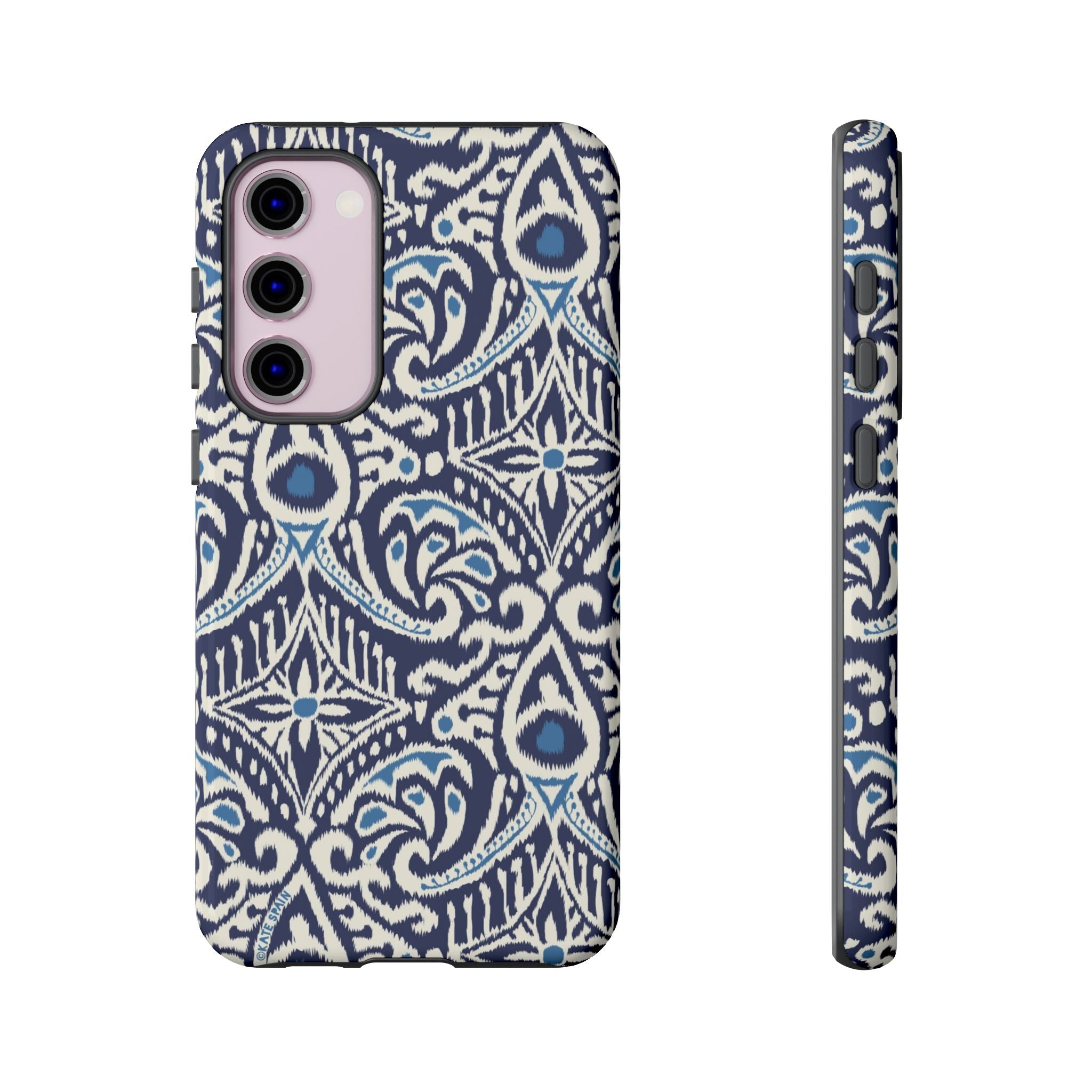 Luxury Ikat Samsung Galaxy S23 Plus Case – Glossy | navy, white, aqua ikat geometric medallion print