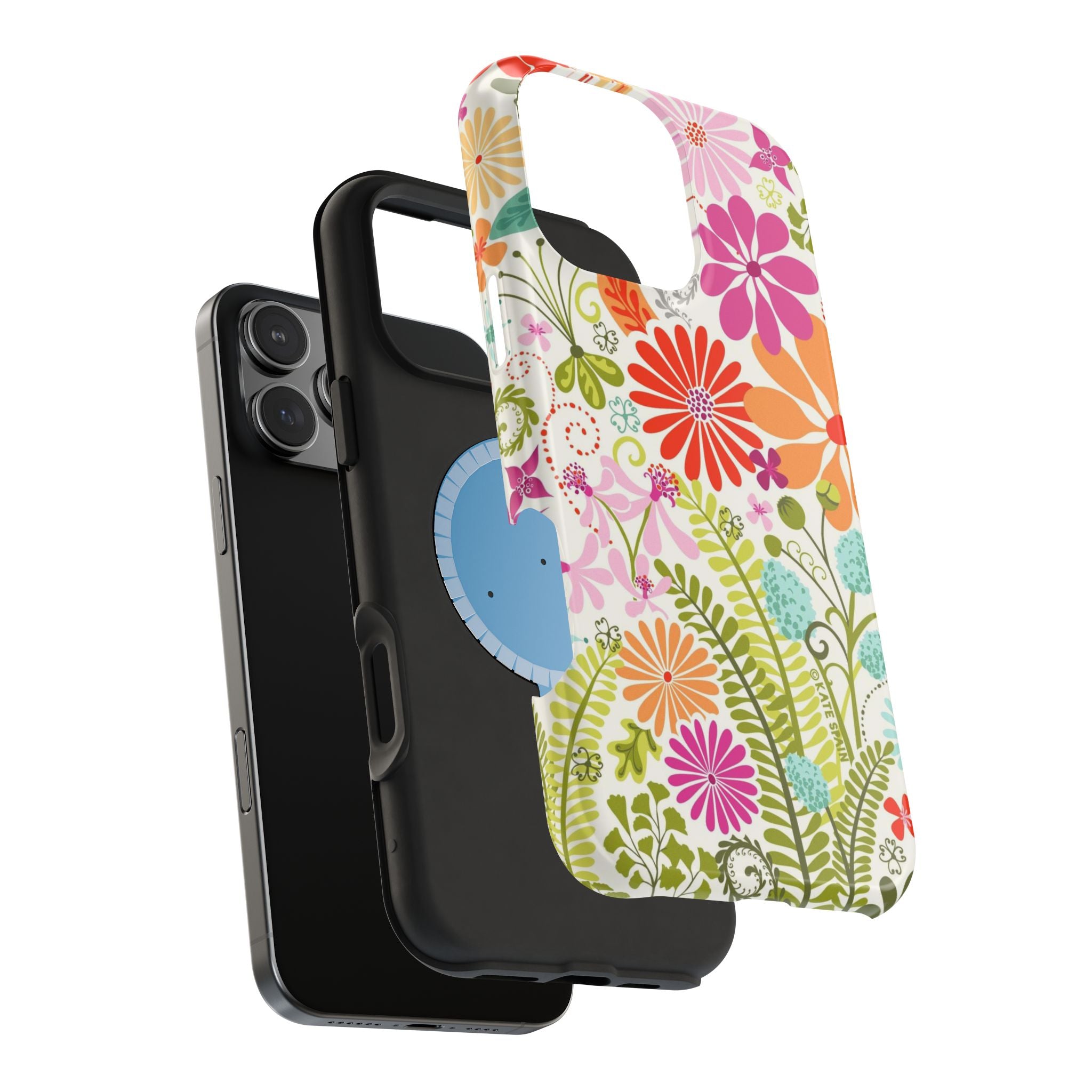 Luxury Terrain MagSafe iPhone Case – detail view | white, magenta, coral botanical woodland floral print