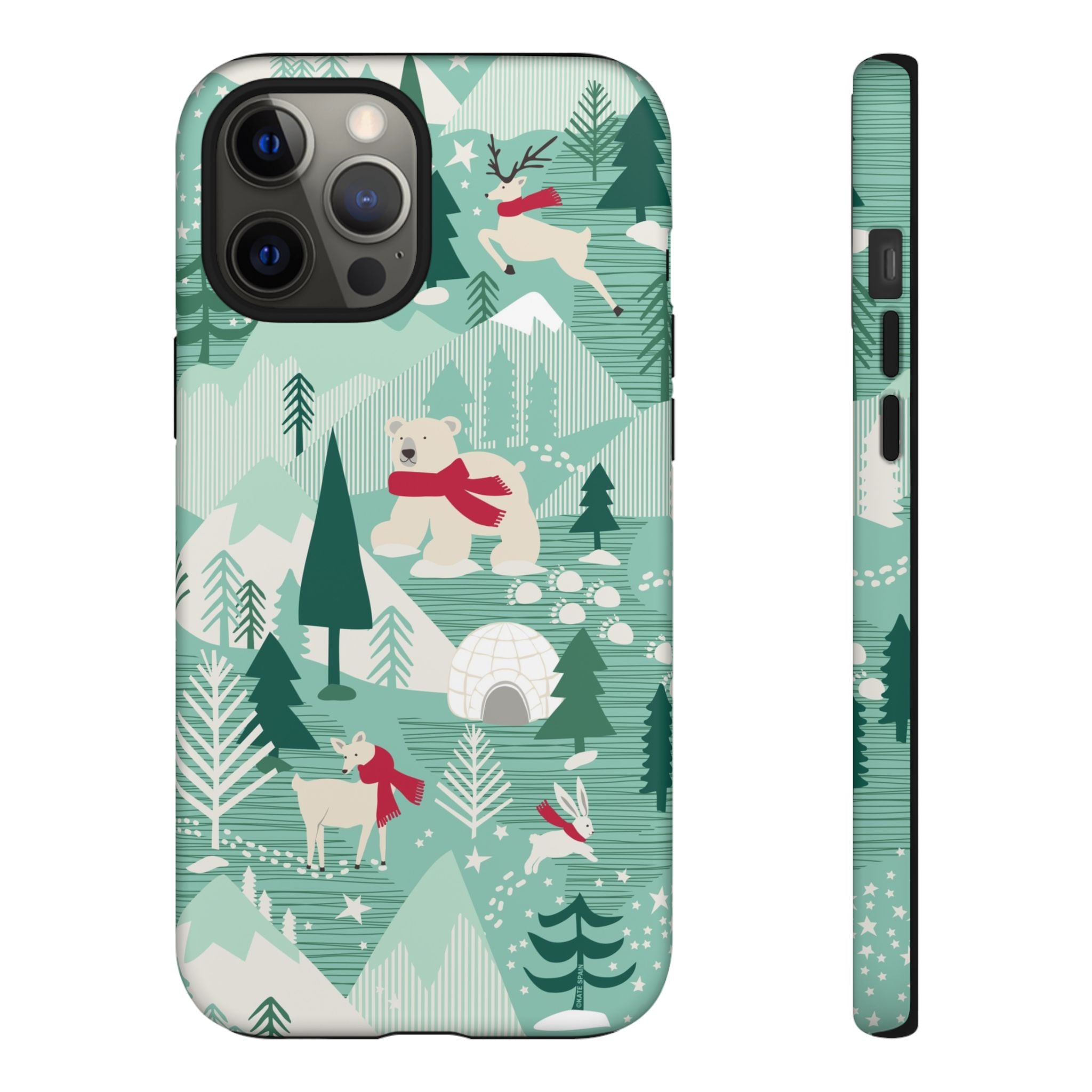Arctica Winter Tough iPhone 12 Pro Max Case – Matte | aqua, evergreen, white, animal frolic winter wonderland print