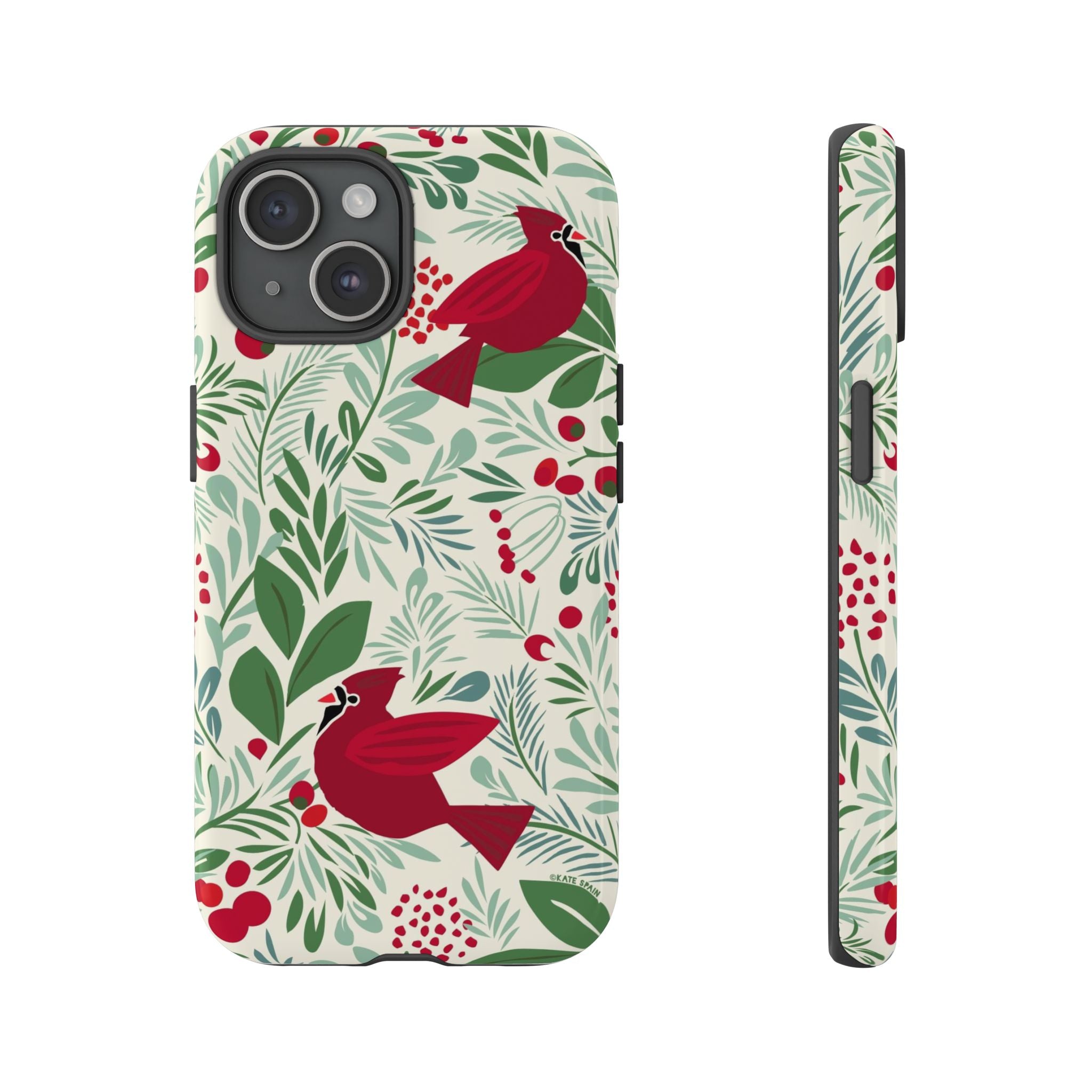 Birds and Berries Tough iPhone 15 Case – Glossy | cream, red, green botanical cardinal berry print