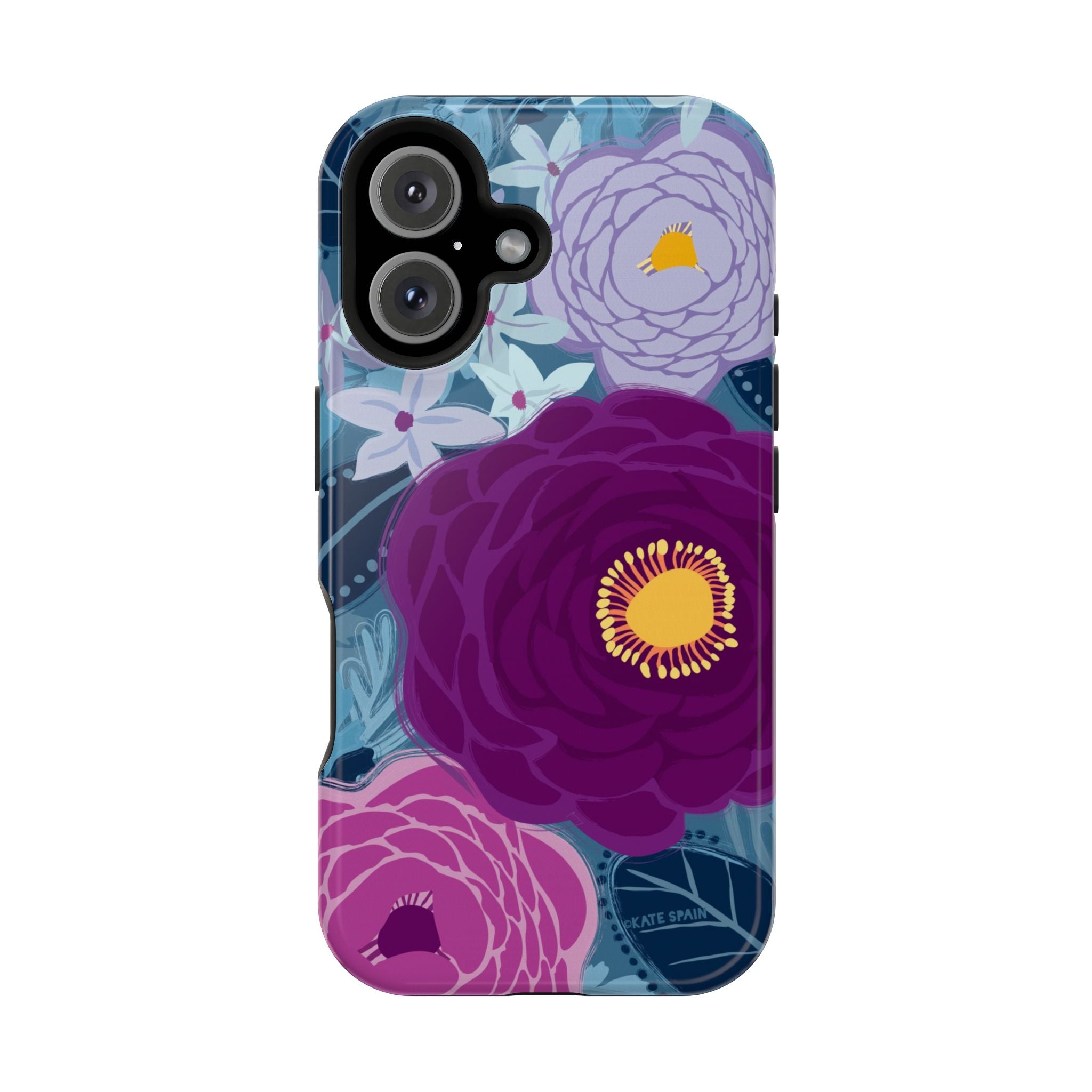 Bloomerie MagSafe iPhone 16 Case – Glossy | navy, purple, magenta botanical peony floral print