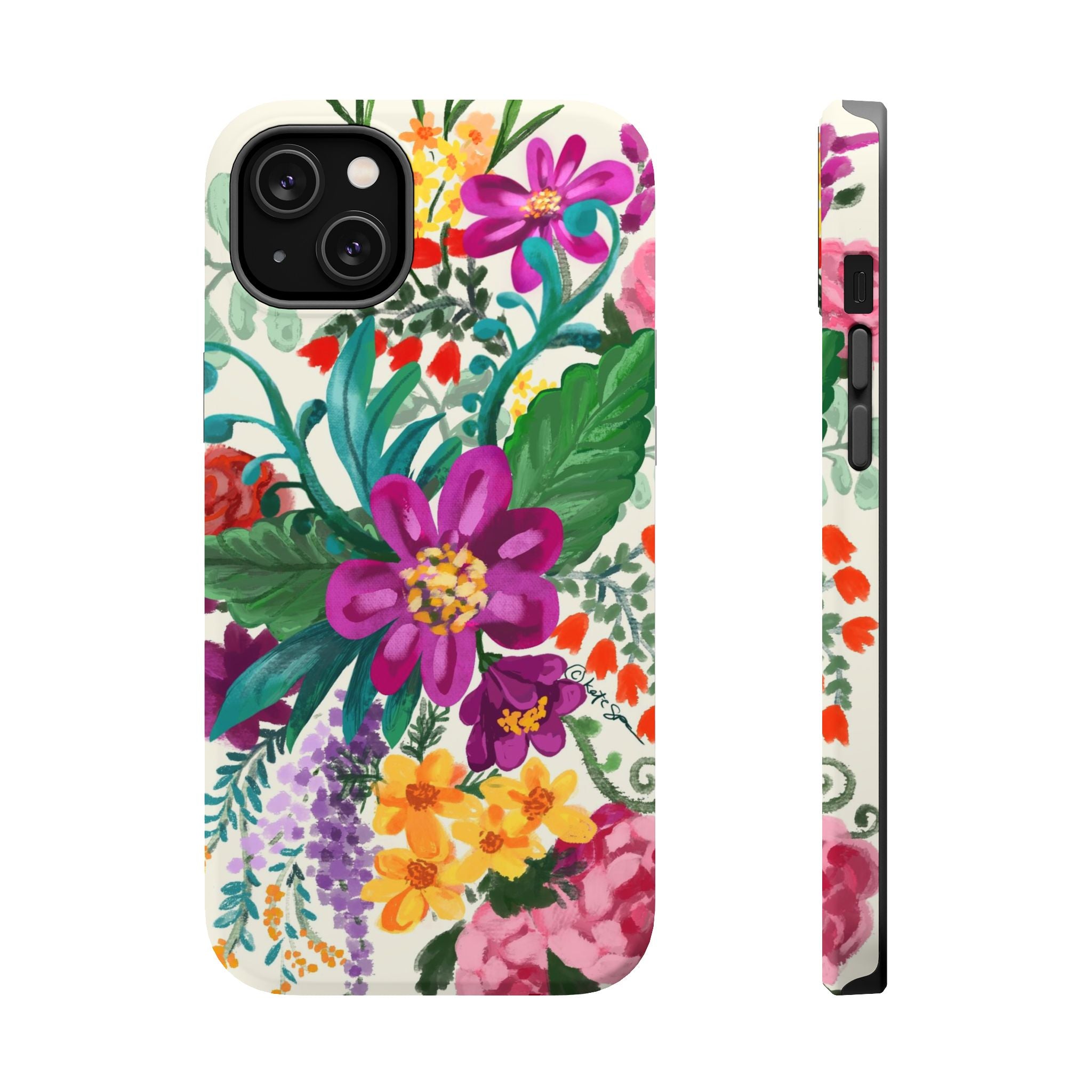 Posy MagSafe iPhone 14 Plus Case – Matte | white, magenta, yellow, purple vibrant botanical floral print