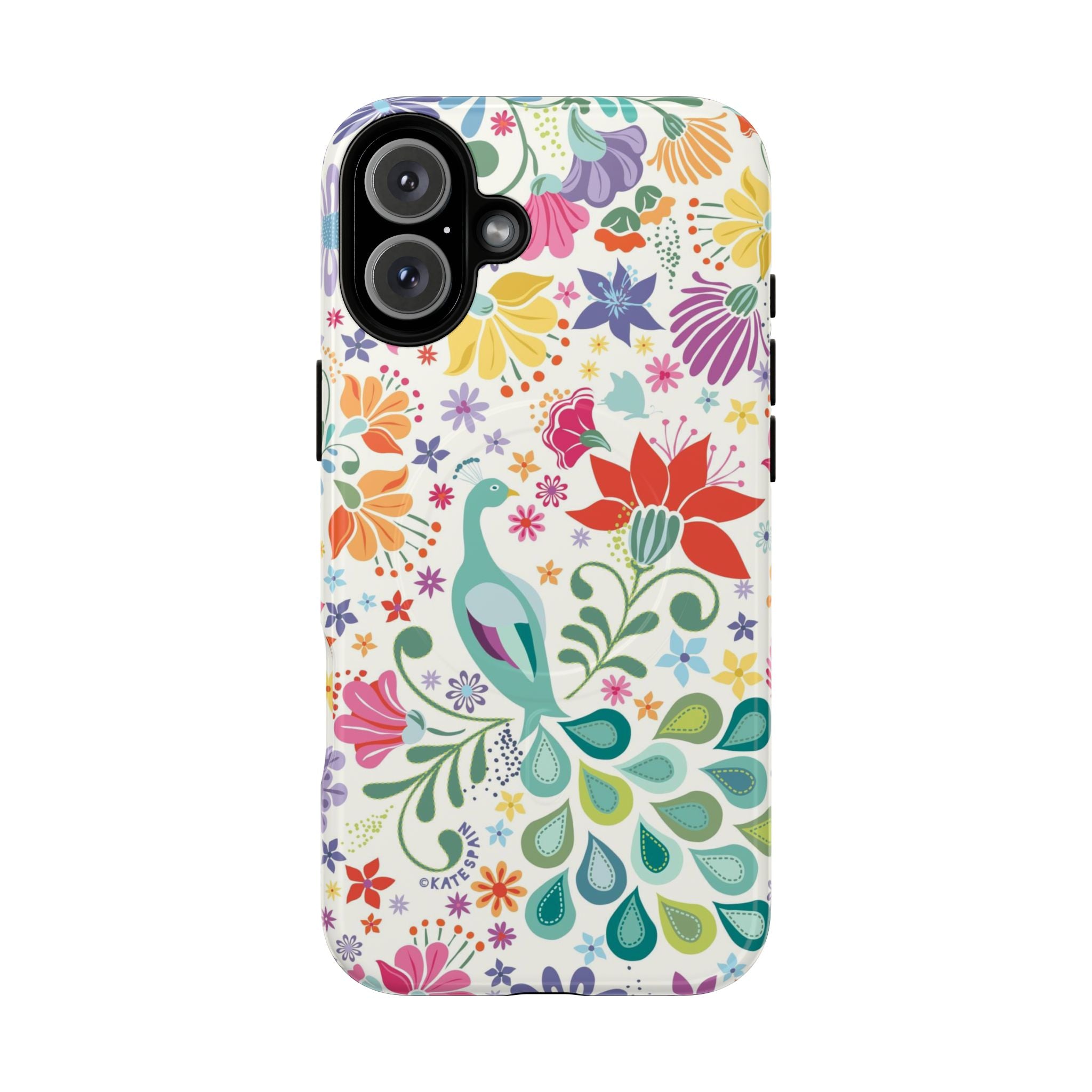 Peacock Sanctuary MagSafe iPhone 16 Plus Case – Glossy | cream, teal, coral multicolor vibrant peacock feather botanical print