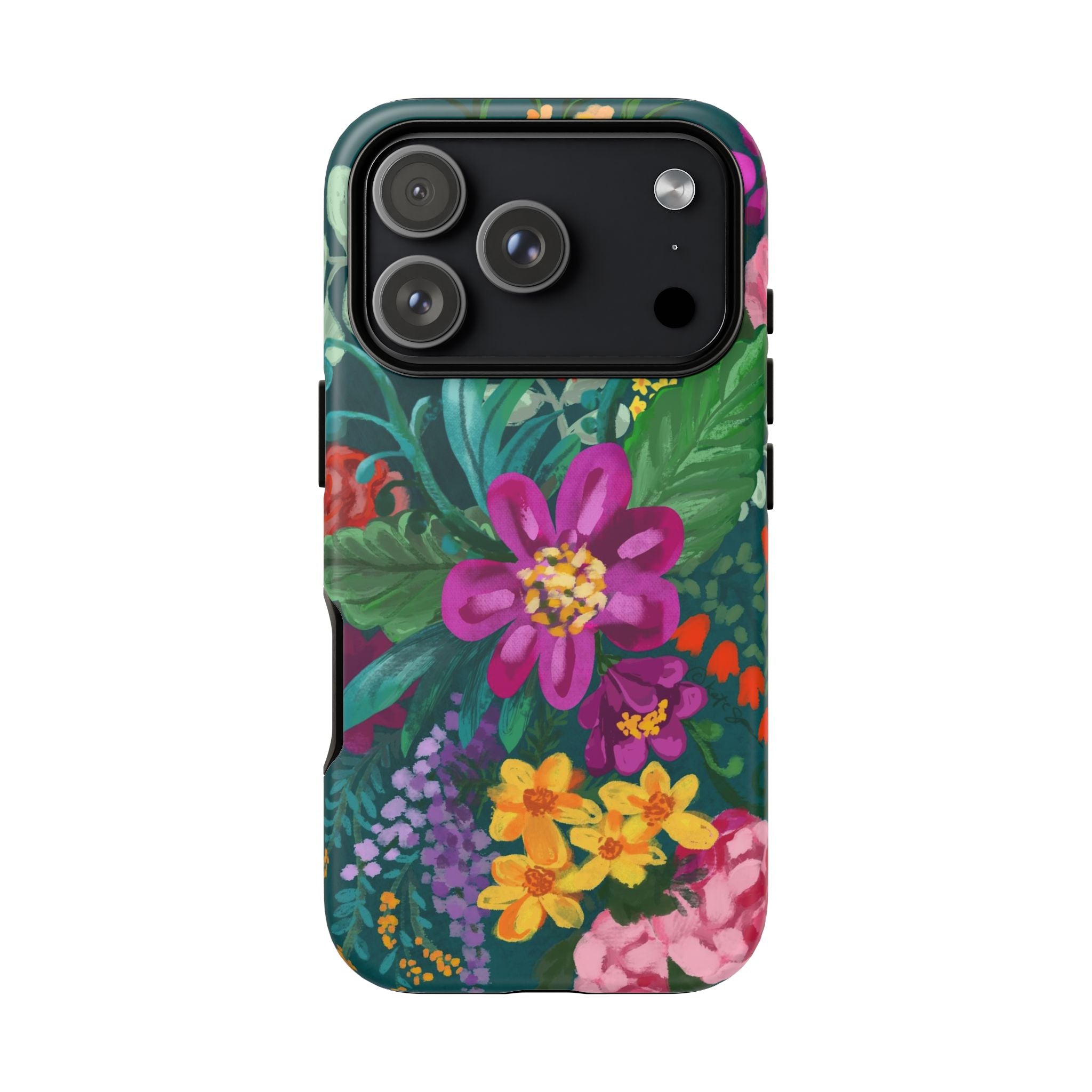 Posy Tough iPhone 17 Pro Case – Matte | teal, purple, magenta, yellow botanical wildflower print