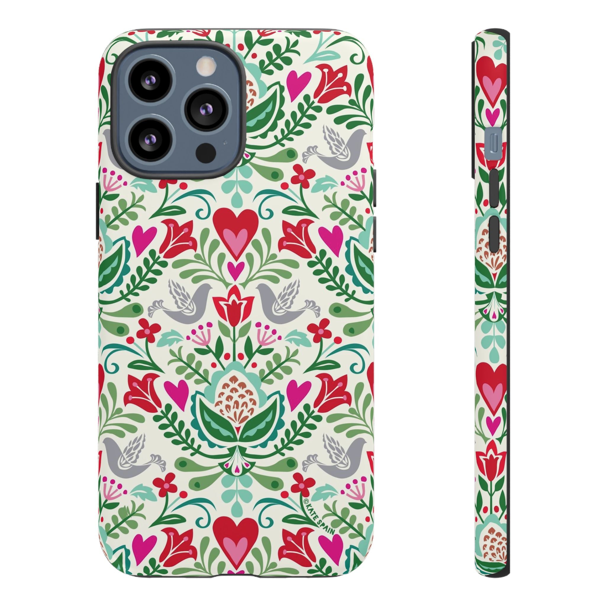 Rosemaling Tough iPhone 13 Pro Max Case – Matte | cream, red, pink, green, gray folk art floral bird print