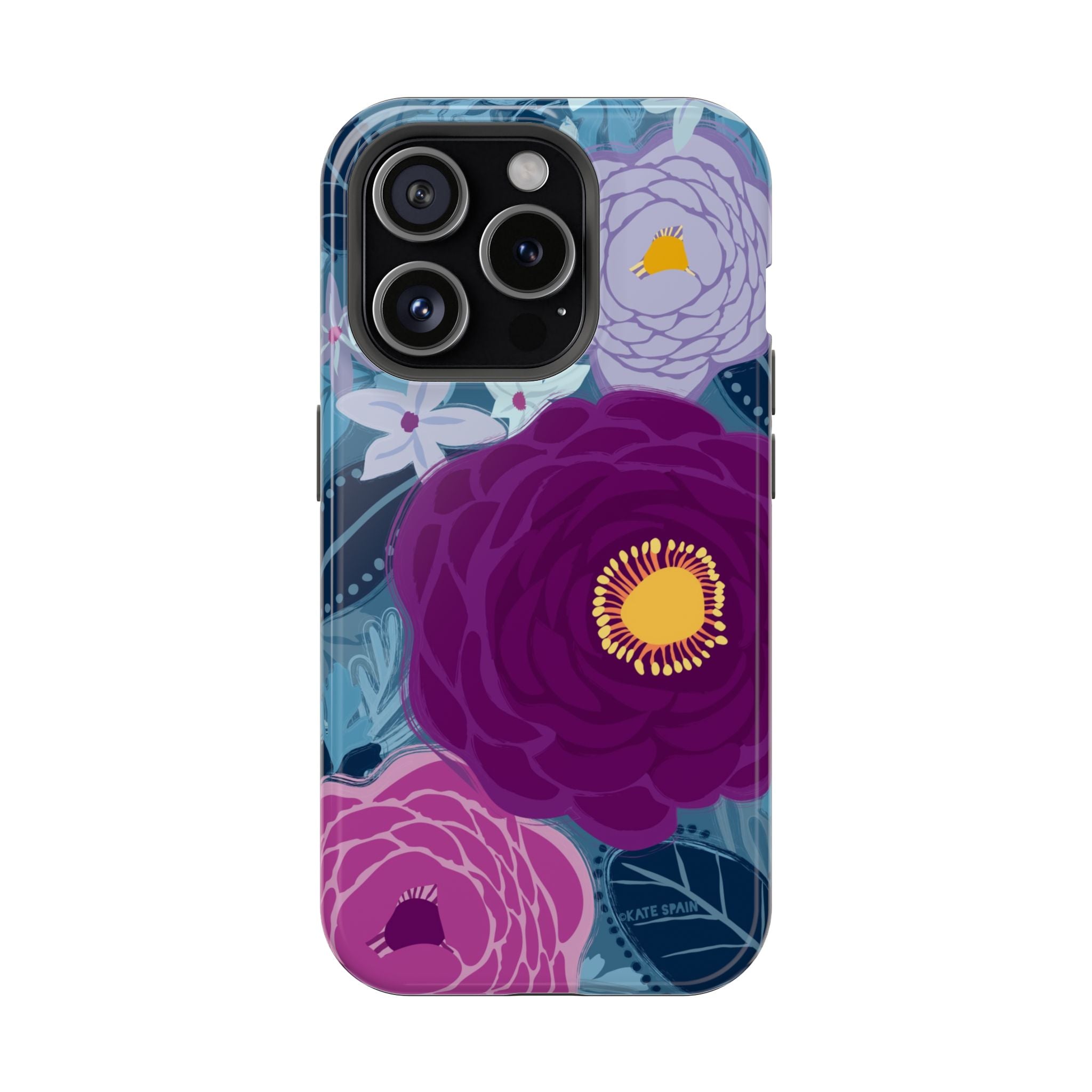 Bloomerie MagSafe iPhone 15 Pro Case – Glossy | navy, purple, magenta botanical peony floral print