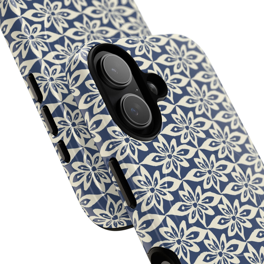 Lily Navy MagSafe iPhone 17 Case – Glossy | angled view showing camera cutout and buttons — botanical MagSafe case by Kate Spain