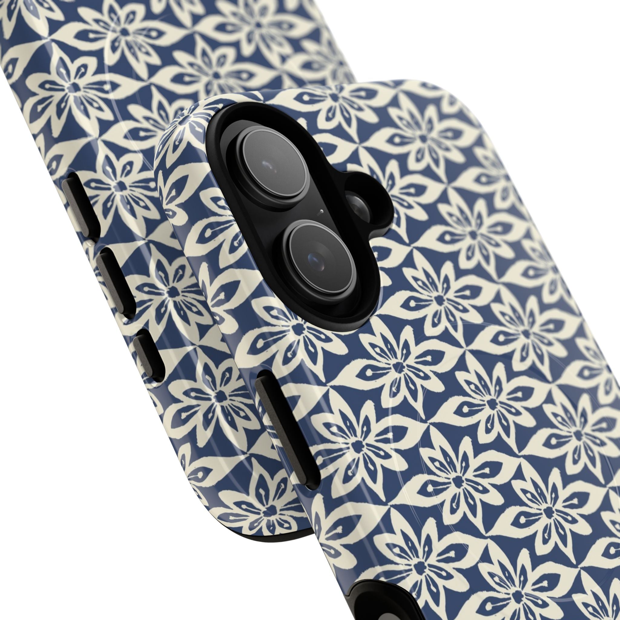 Lily Navy MagSafe iPhone 17 Case – Glossy | angled view showing camera cutout and buttons — botanical MagSafe case by Kate Spain