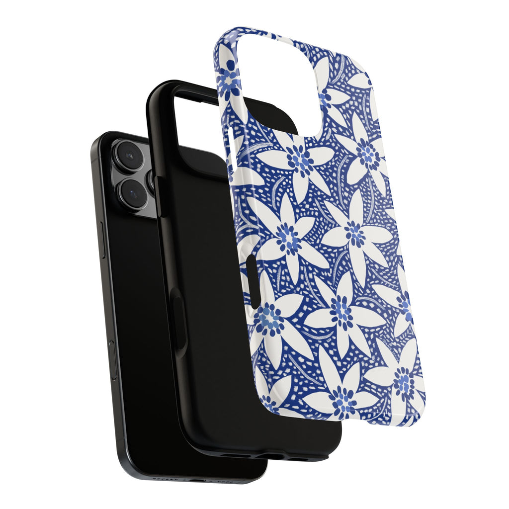 Starflower iPhone 16 Pro Max Tough Case – blow-out of dual-layered construction of case at angle in front of iphone