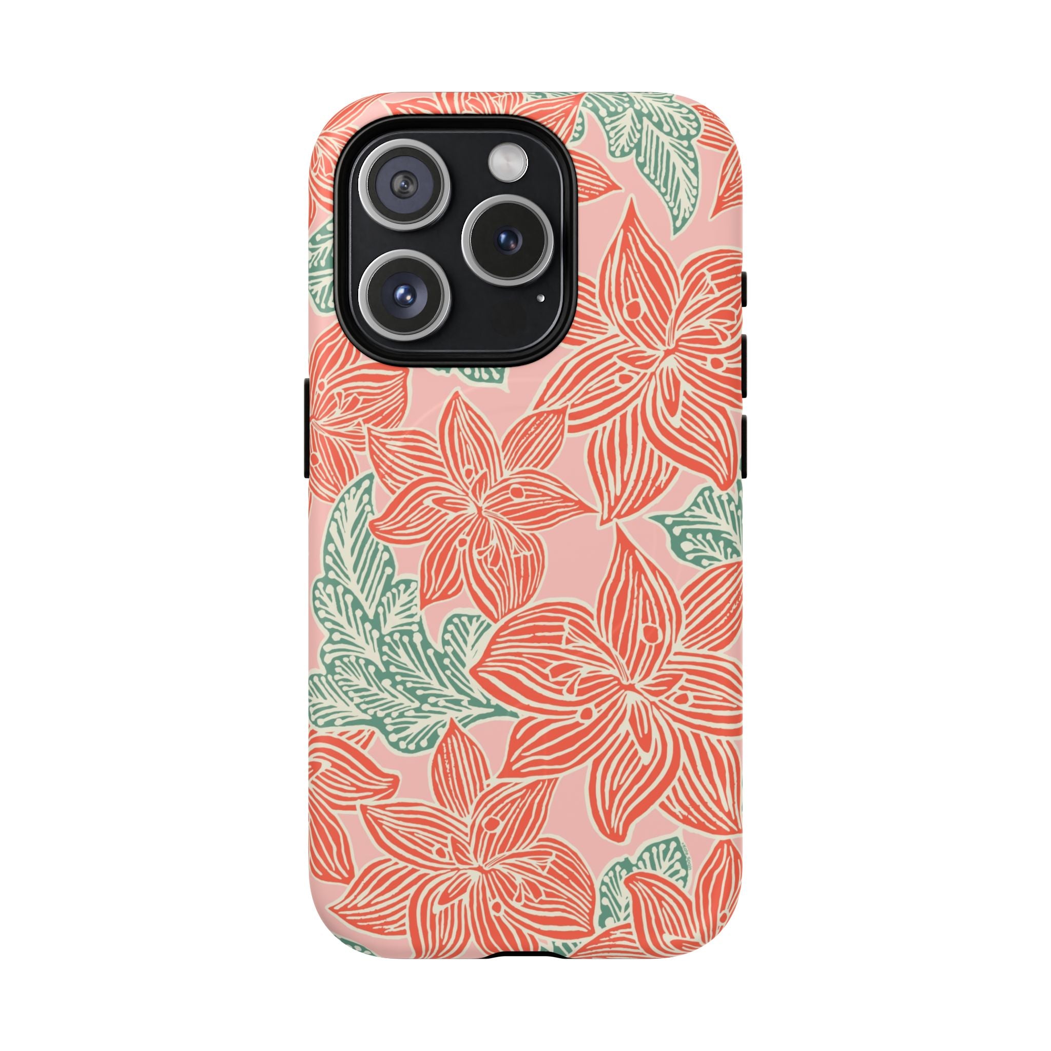 Hibiscus Coral MagSafe iPhone 15 Pro Matte Case — blush pink hard case with large-scale coral red hibiscus flowers and teal-green leaves in a bold botanical linework print, densely layered across the surface