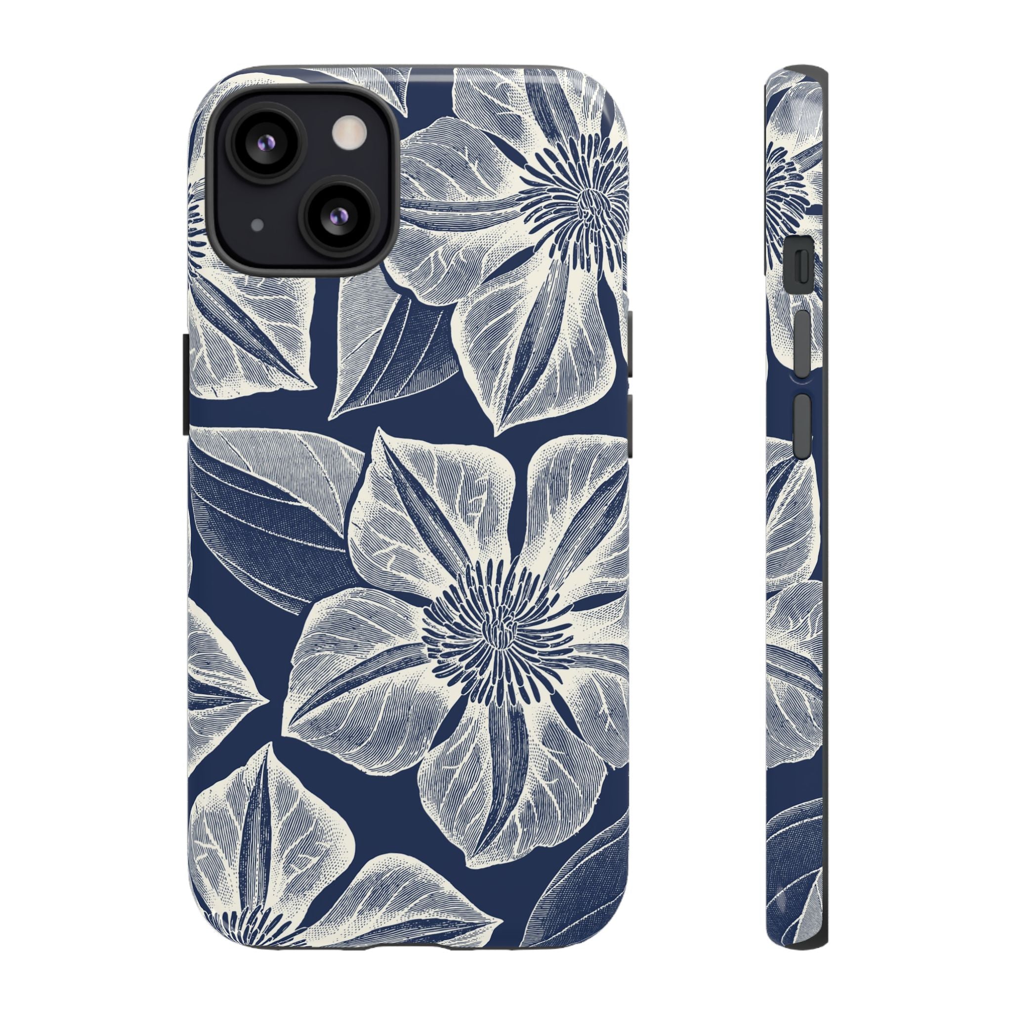 Vintage Bloom Navy iPhone 13 case – Glossy | navy ground, large-scale cream clematis print, engraved petal detail, dual-layer protection