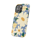 Chamomile MagSafe iPhone 16 Pro Max Case – Glossy angled view | periwinkle, cream, yellow botanical daisy floral print MagSafe compatible, dual-layer protection