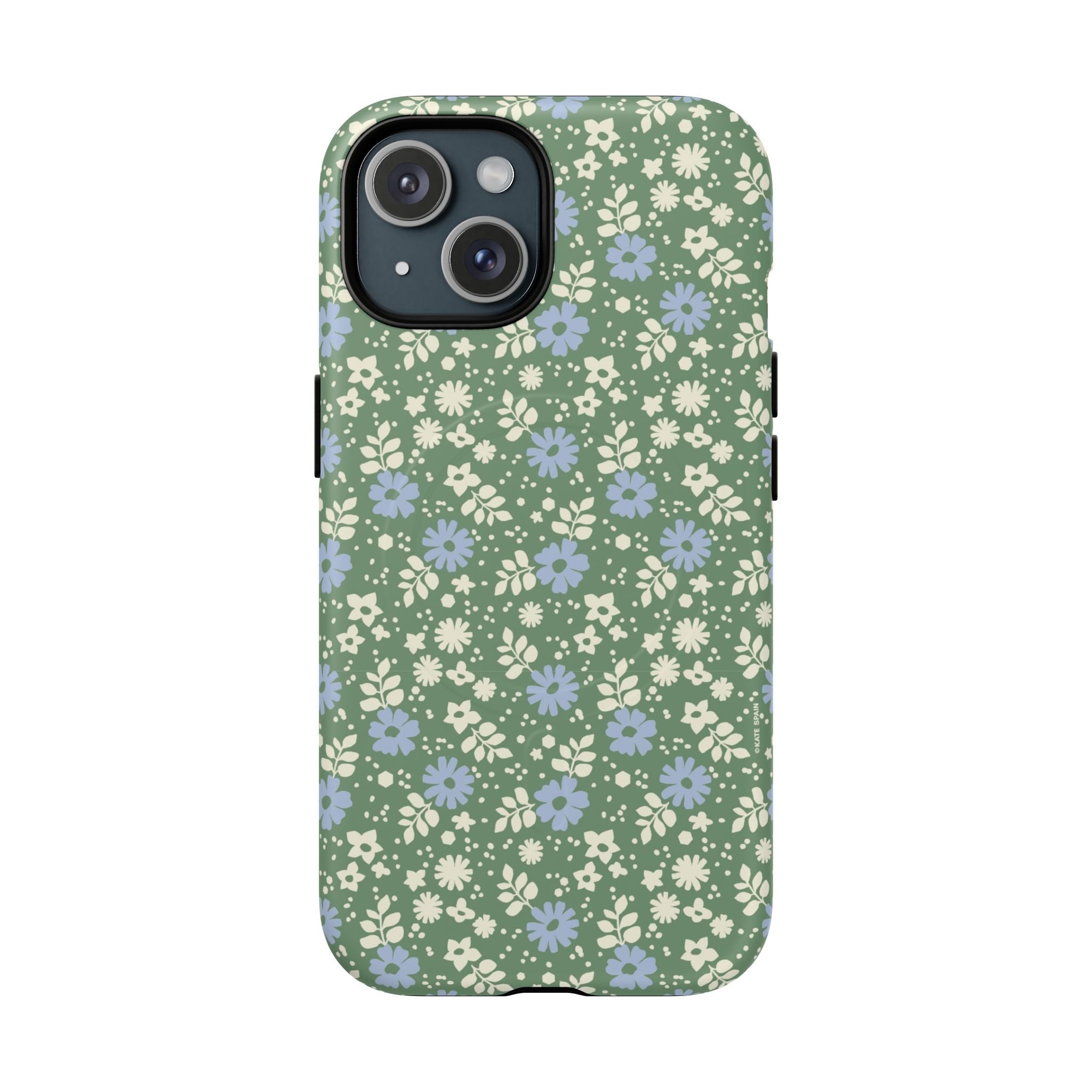 Petaline Green MagSafe iPhone 15 Case – Matte | cream and periwinkle blue ditsy floral print on a sage green ground