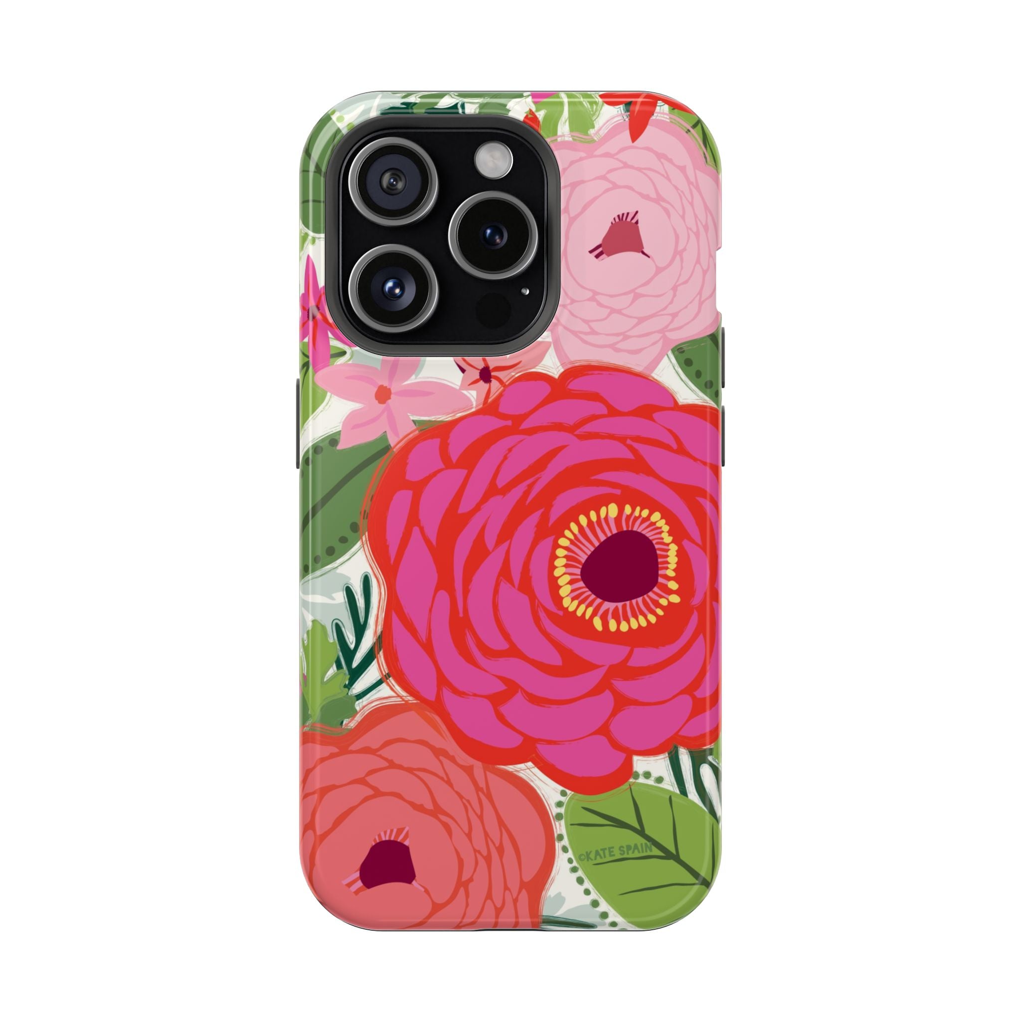 Bloomerie MagSafe iPhone 15 Pro Case – Glossy | cream, magenta, coral botanical peony floral print