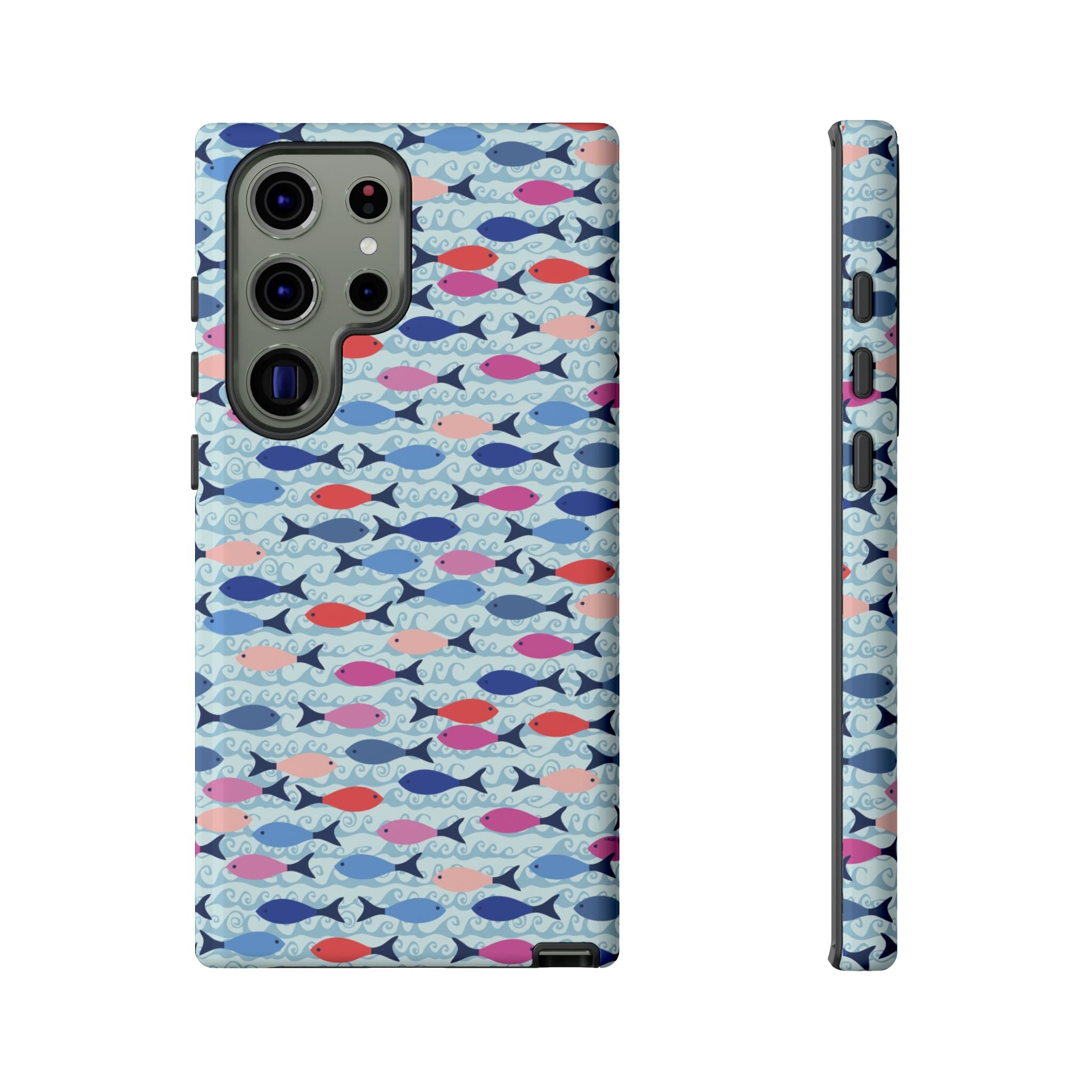 Summer Minnows Samsung Galaxy S23 Ultra Case – Glossy | navy, coral, pink, and periwinkle fish on a pale aqua ground
