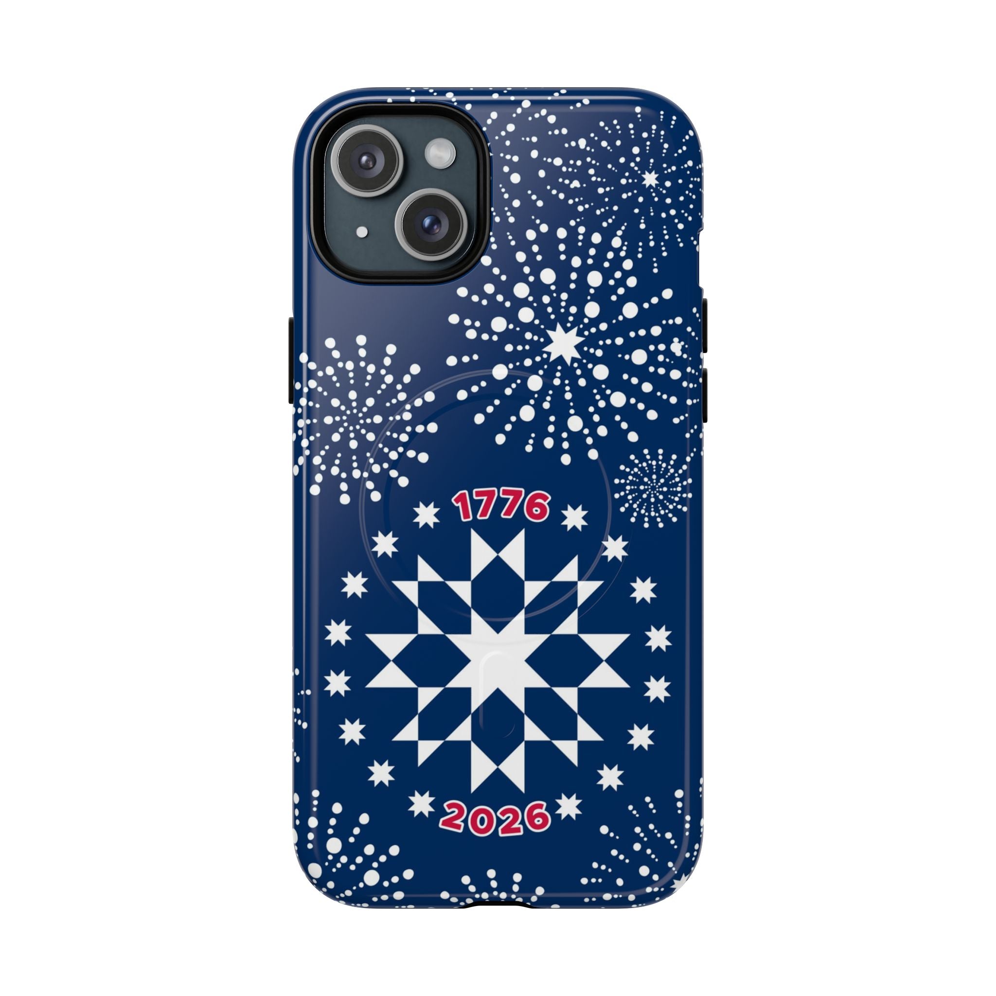 250th Fireworks MagSafe iPhone 15 Plus Case – Glossy | navy, white patriotic star quilt fireworks print