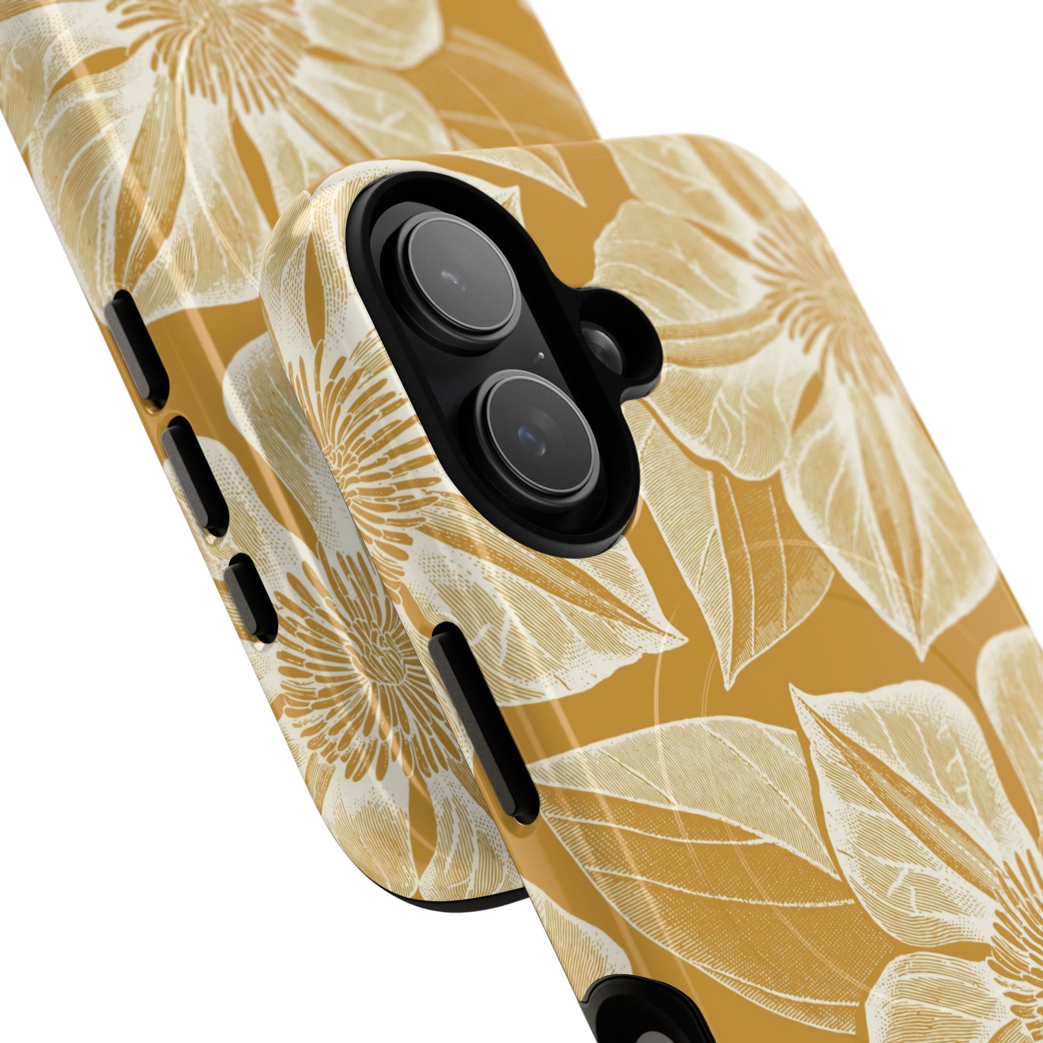 Vintage Bloom Gold MagSafe iPhone 17 Case – Glossy | warm gold ground, large-scale cream clematis print, engraved petal detail | side angled view closeup of camera cutout and buttons
