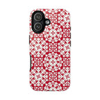 Flurry Tough iPhone 17 Case – Glossy | red, cream geometric snowflake medallion print