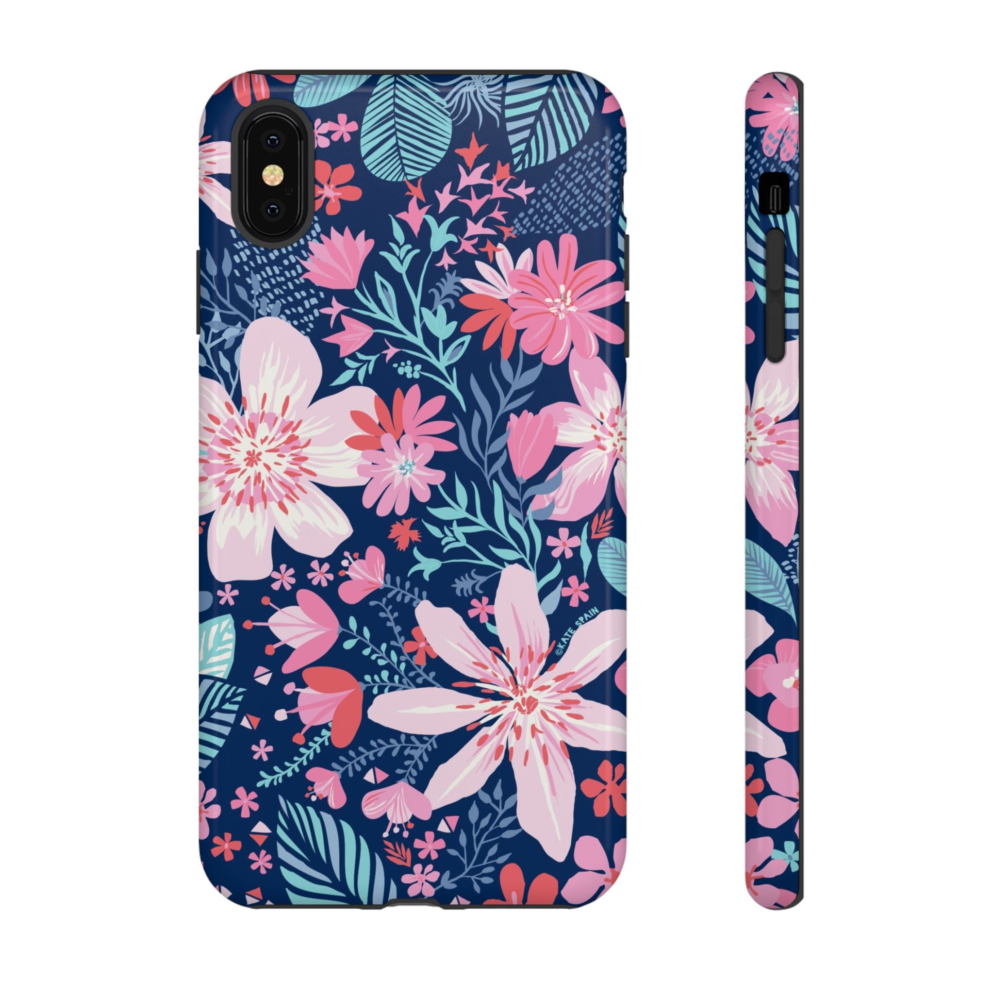 Bonaire Tough iPhone XS Max Case – Glossy | navy, pink, white tropical floral botanical print