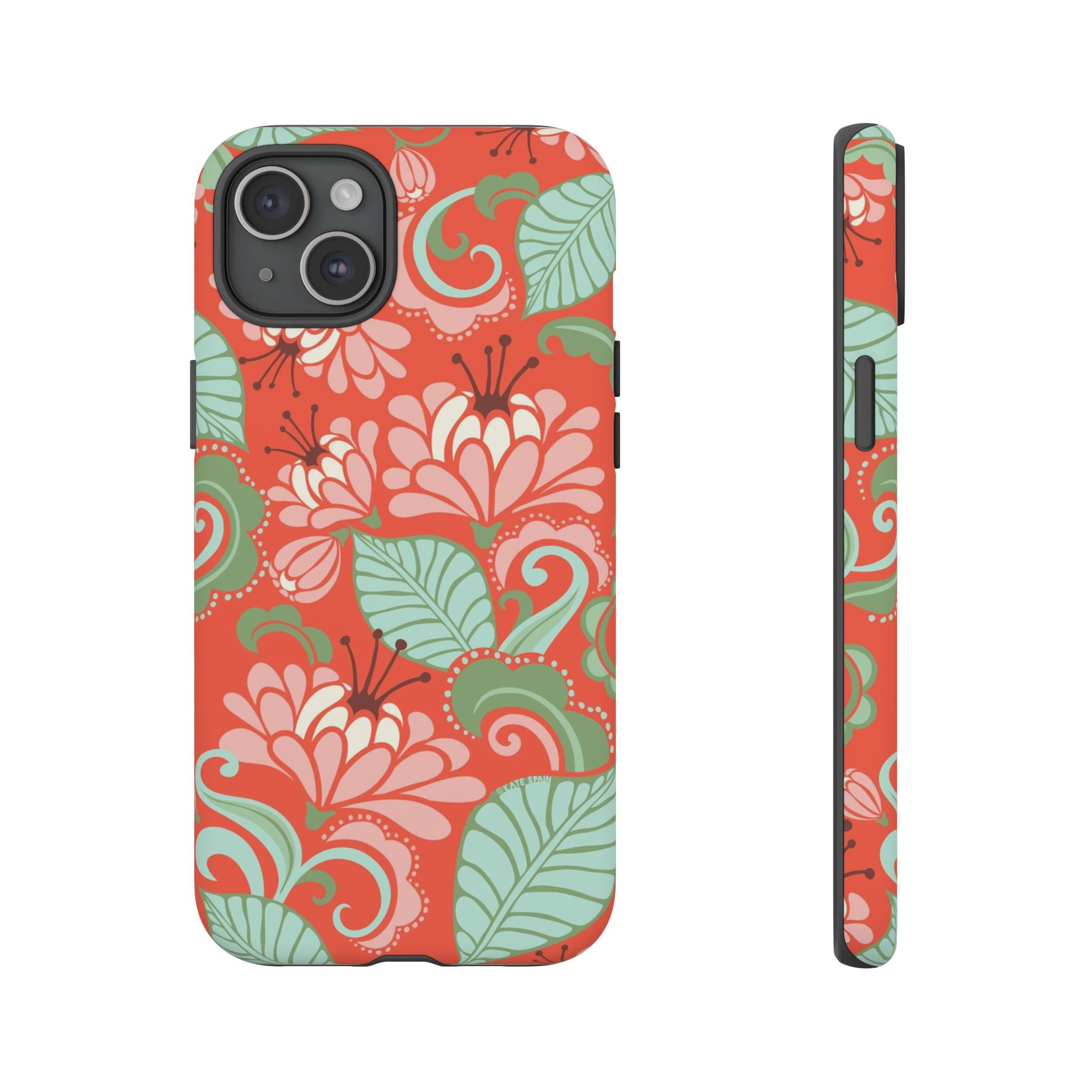 Sarabande Tough iPhone 15 Plus Case – Matte | coral, pink, cream, green botanical floral print
