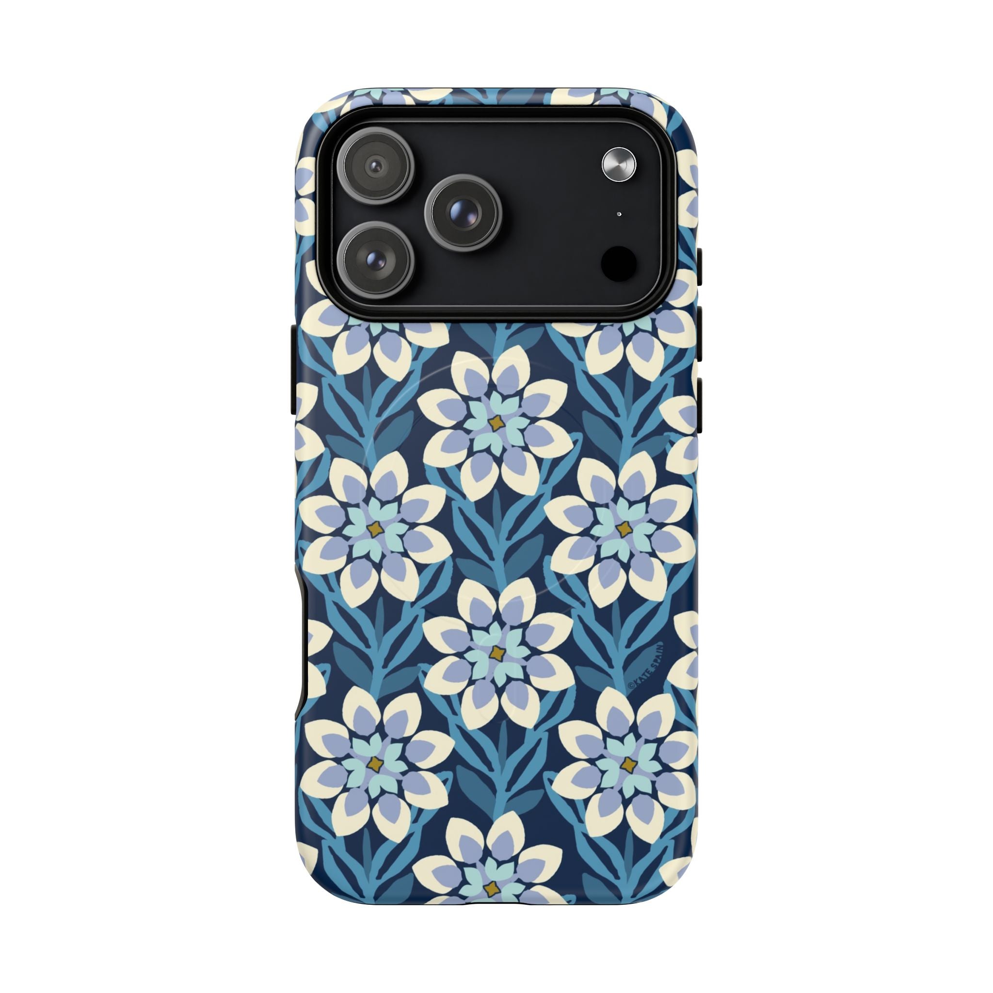 Luxury Modern Dahlia MagSafe iPhone 17 Pro Max Case – Matte  | navy, slate blue, white geometric dahlia tile floral print