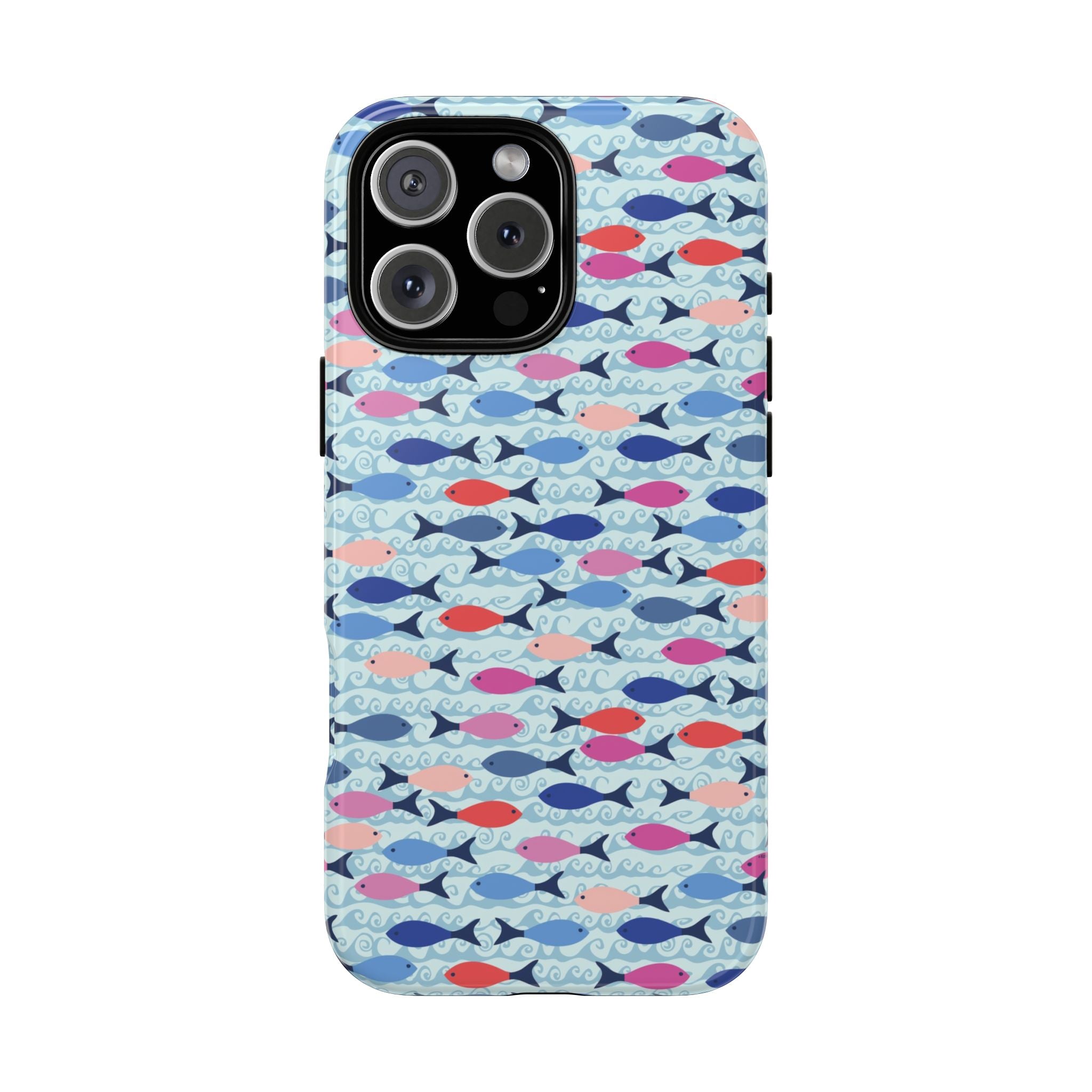 Summer Minnows Tough iPhone 16 Pro Case – Matte | navy, coral, pink, and periwinkle fish on a pale aqua ground