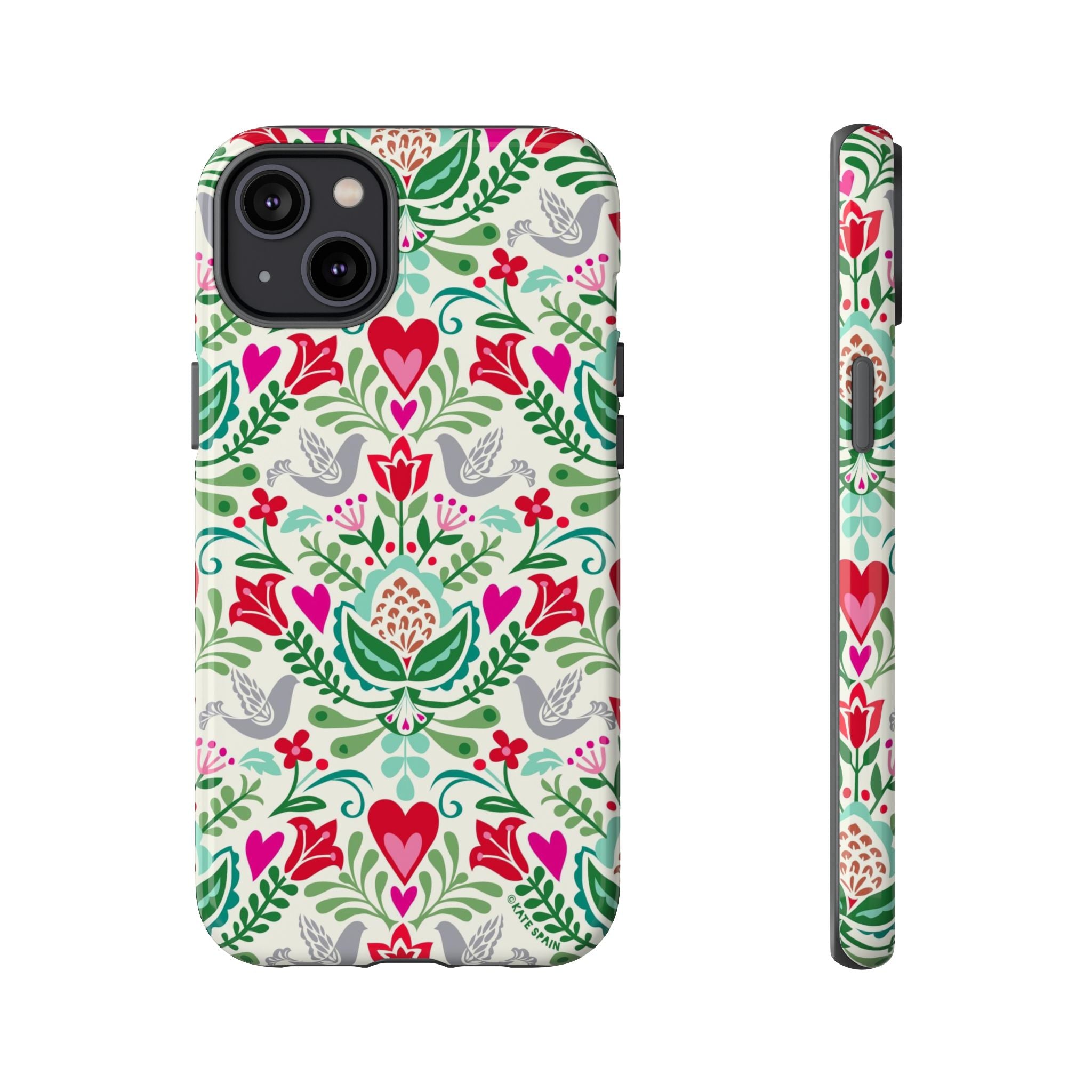 Rosemaling Tough iPhone 14 Plus Case – Glossy | cream, red, pink, green, gray folk art floral bird print