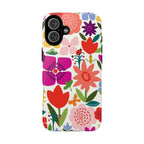 Happy Blooms Tough iPhone 16 Plus Case – Glossy | cream, red, magenta, coral botanical floral print