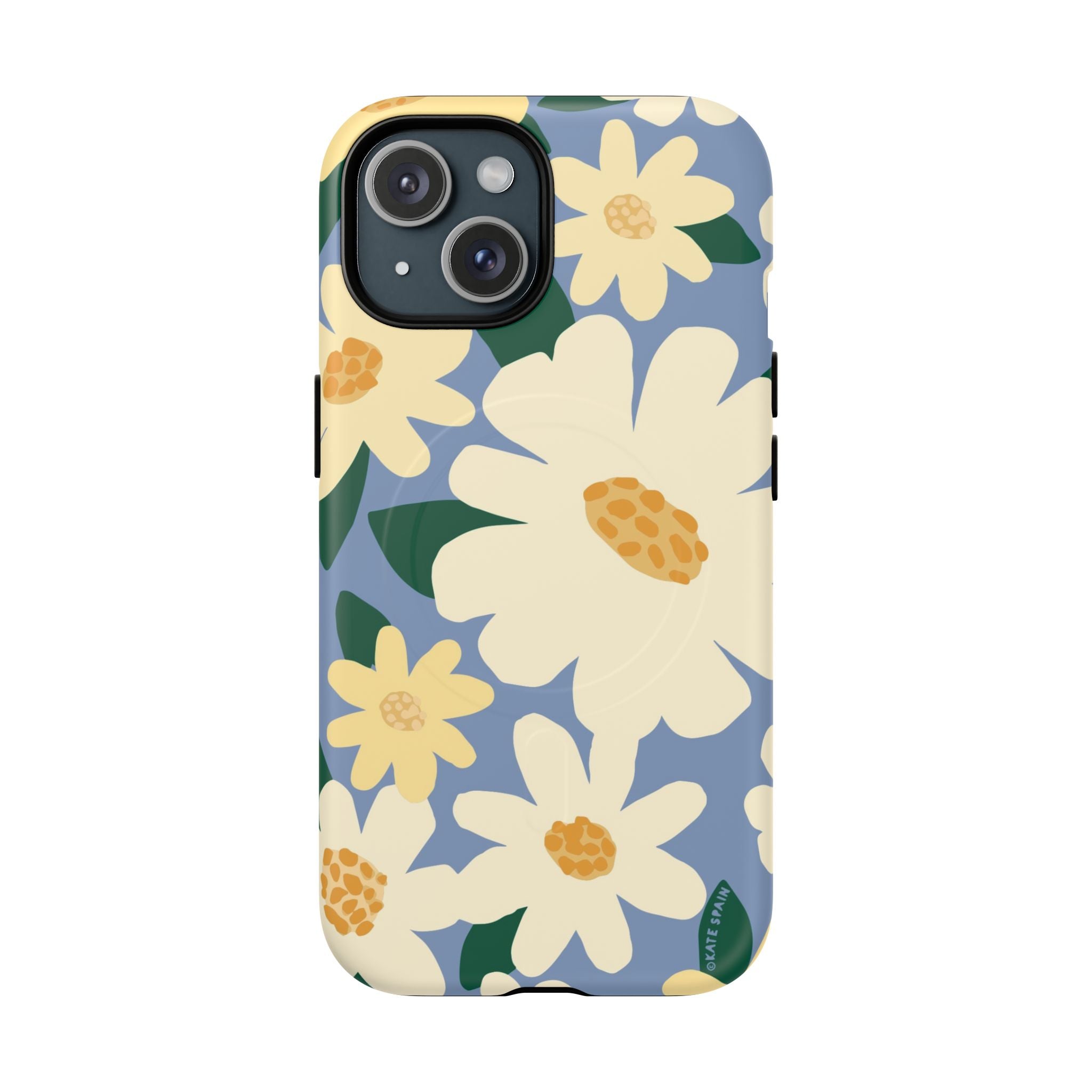 Chamomile MagSafe iPhone 15 Case – Glossy | periwinkle, cream, yellow botanical daisy floral print