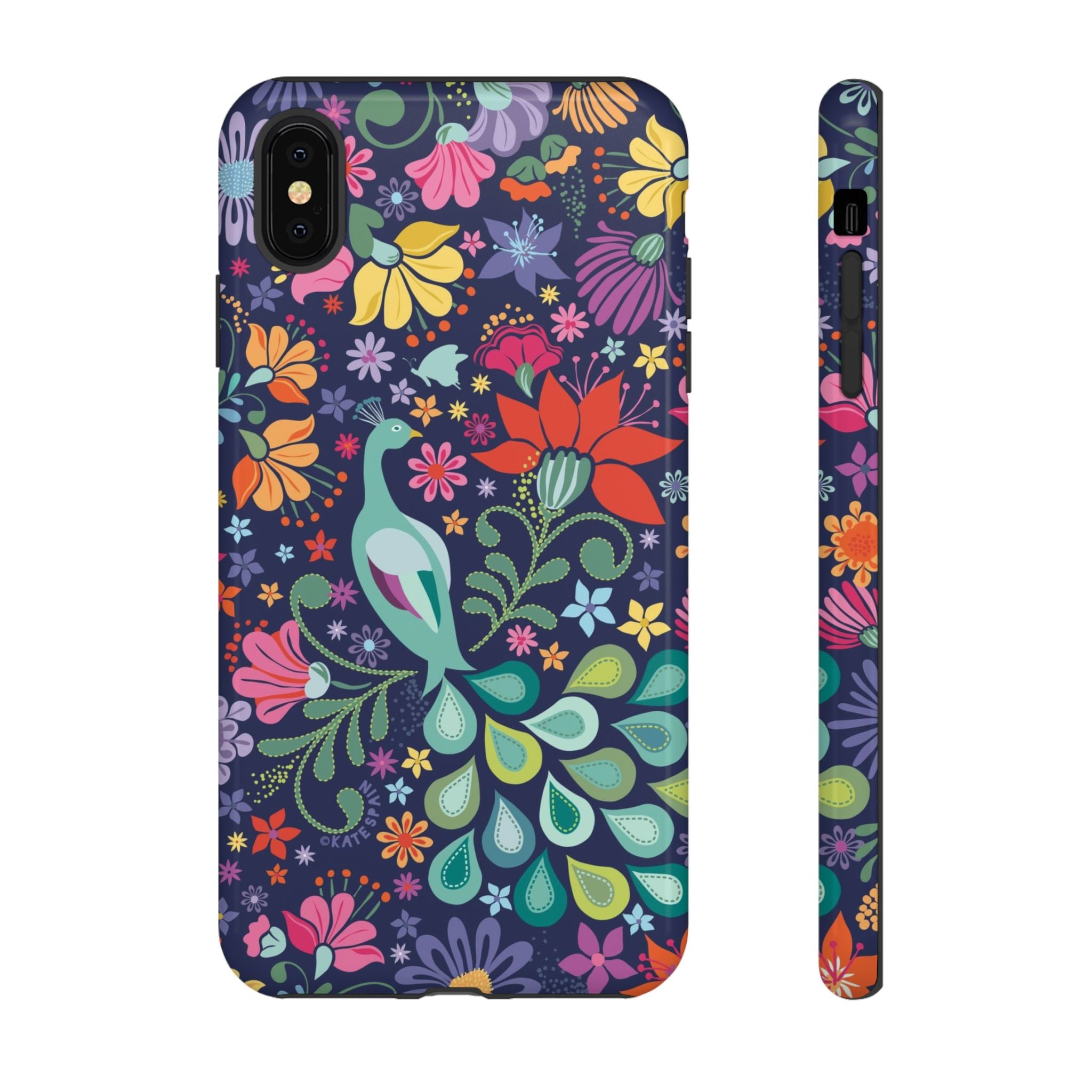 Peacock Sanctuary Tough iPhone XS Max Case – Glossy | navy, teal, coral multicolor vibrant peacock feather botanical print