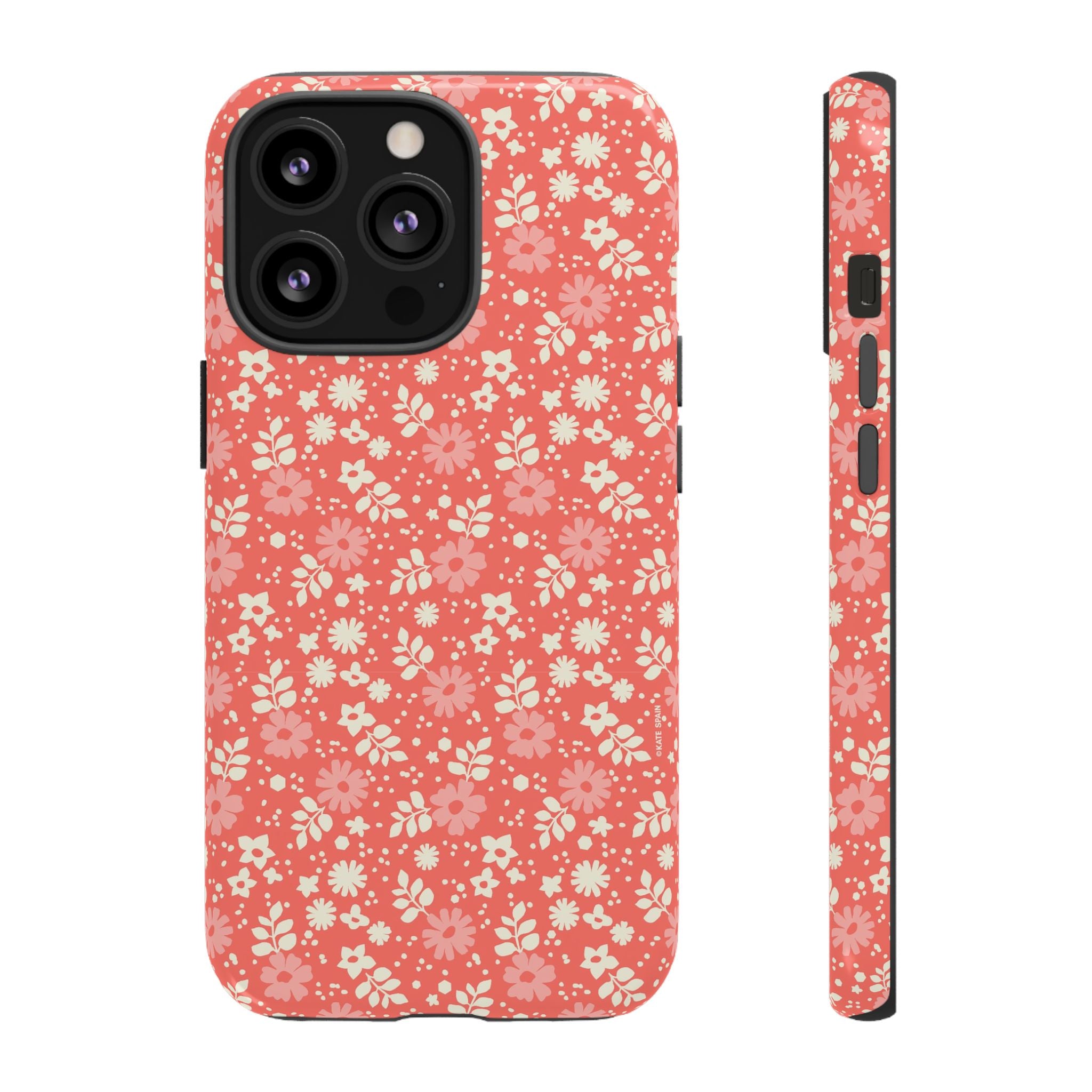 Petaline Tough iPhone 13 Pro Case – Glossy | coral, pink, cream ditsy floral print