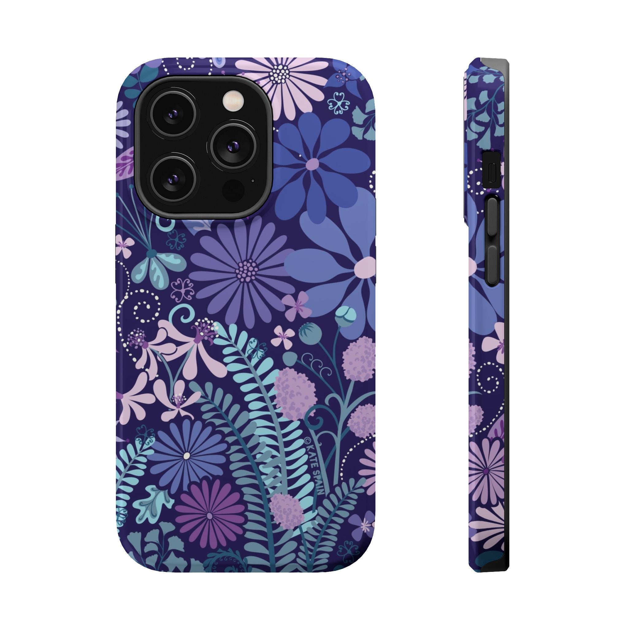 Luxury Terrain MagSafe iPhone 14 Pro Case – Glossy | navy, purple, aqua botanical woodland floral print