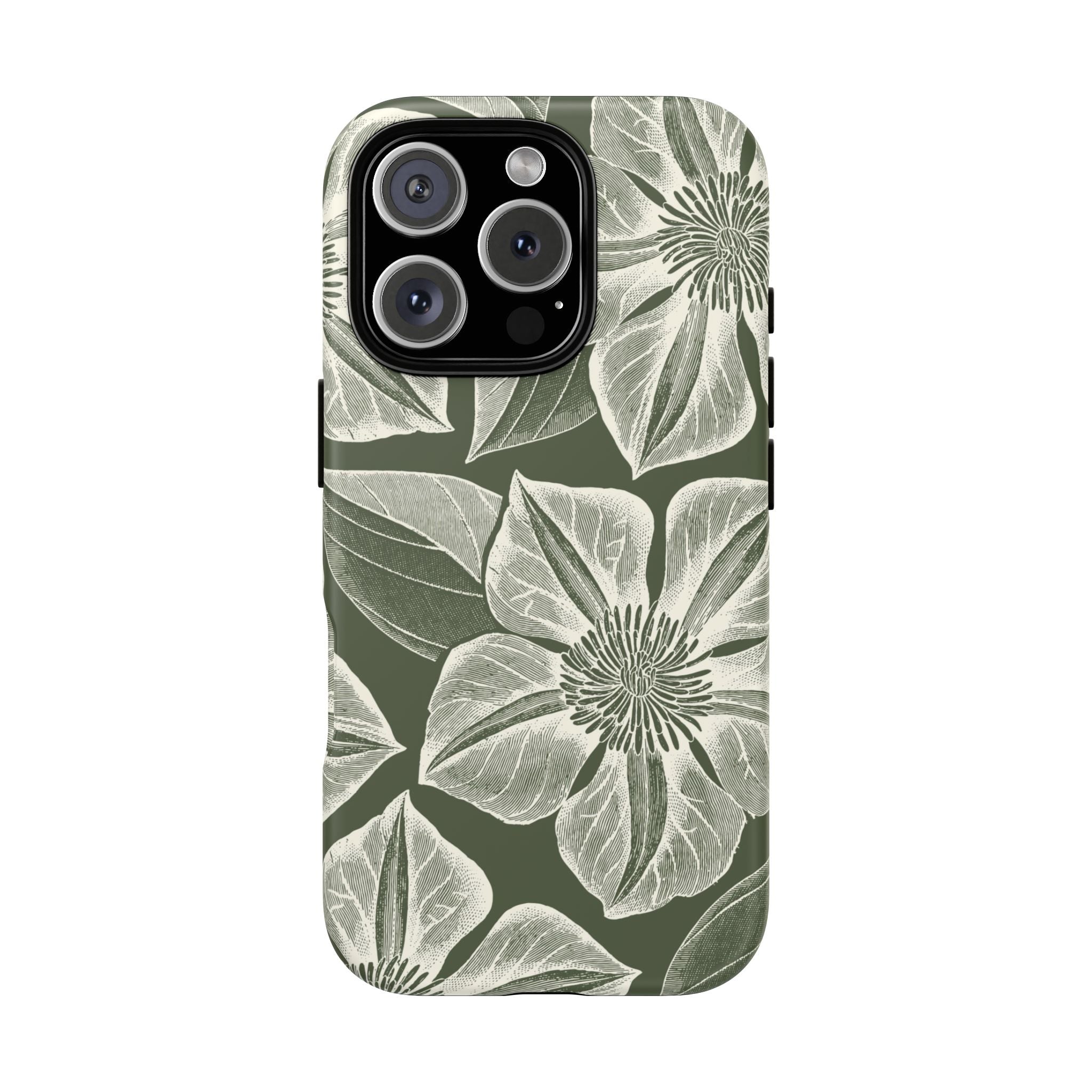 Vintage Bloom Cypress iPhone 16 Pro case – Matte | cypress green ground, large-scale white clematis print, engraved petal detail, dual-layer protection