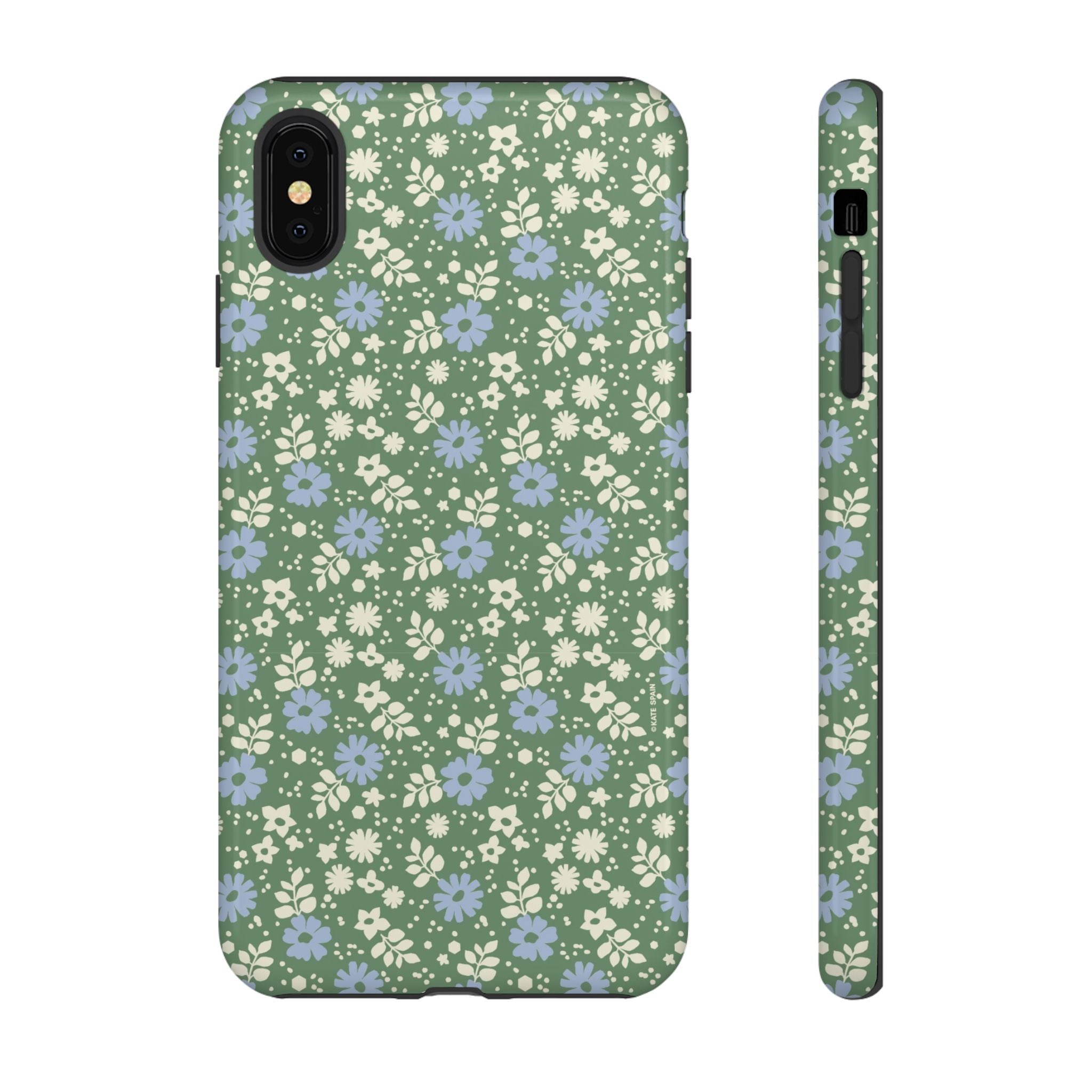 Petaline Tough iPhone XS Max Case – Glossy | green, blue, cream ditsy floral print