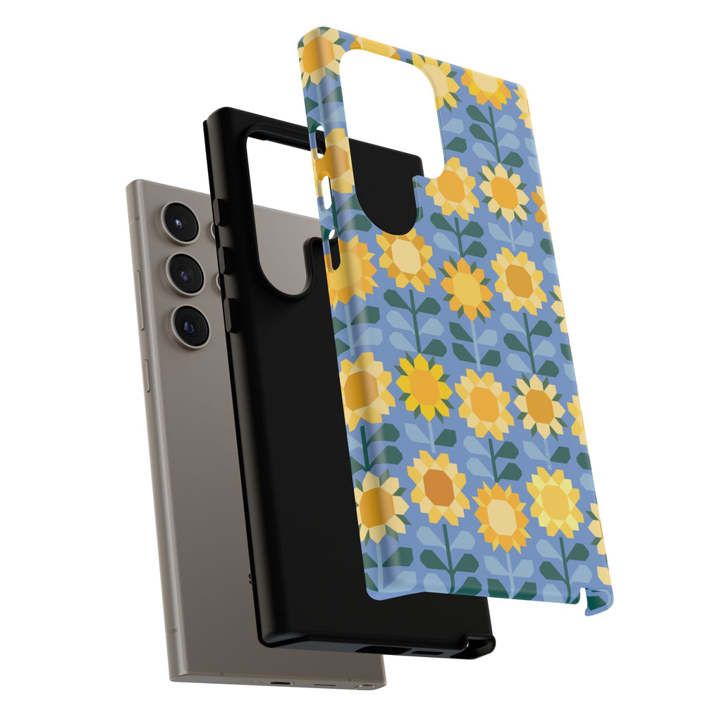 Luxury Sunflowers Samsung Galaxy S24 Ultra Case – Glossy | shock-absorbing layer construction in case in blue, yellow, gold geometric sunflower print
