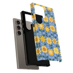 Luxury Sunflowers Samsung Galaxy S24 Ultra Case – Glossy | shock-absorbing layer construction in case in blue, yellow, gold geometric sunflower print