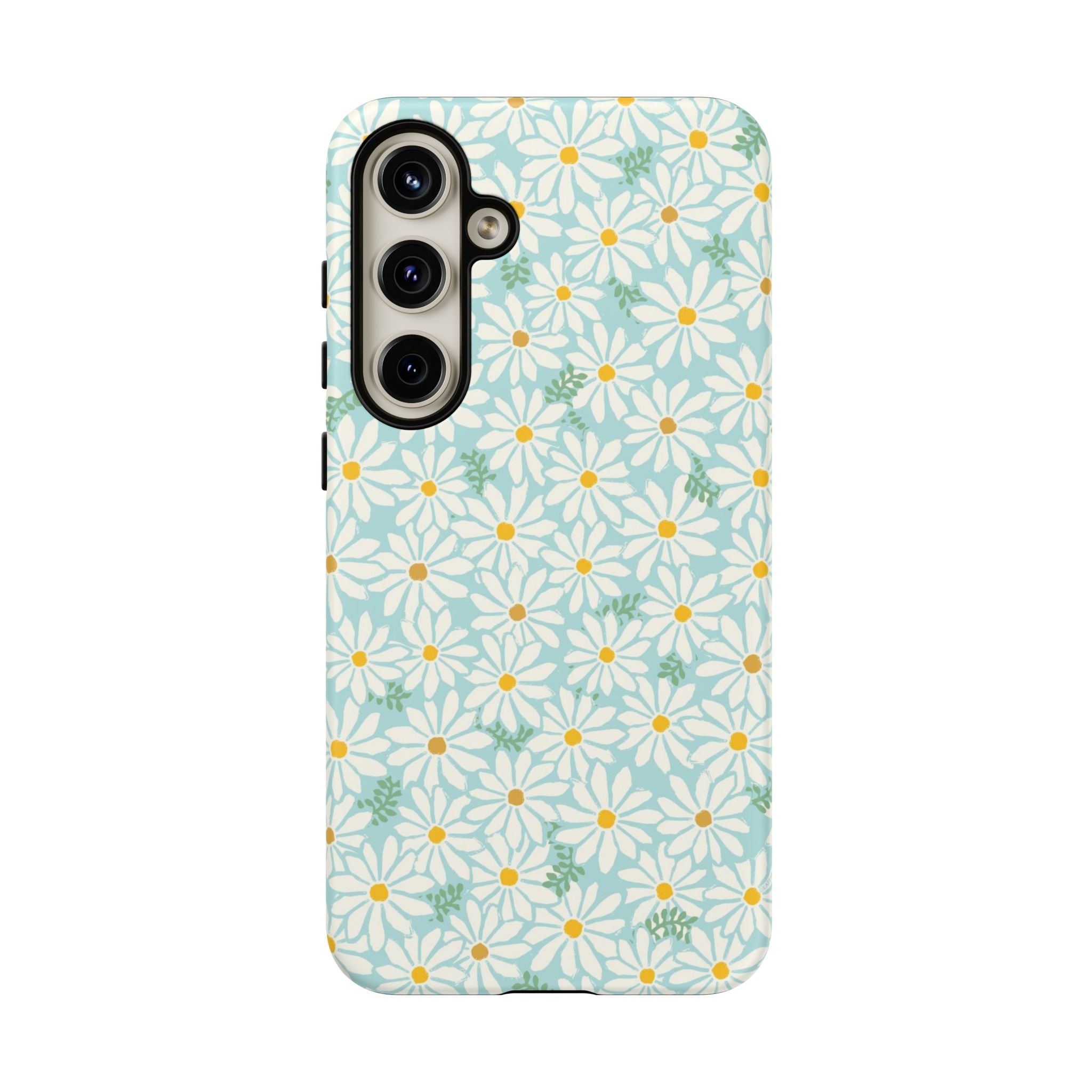 Daisies Samsung Galaxy S24 Plus Case – Matte | sky blue, white daisy print, golden yellow centers, mint green leaves dual-layer protection
