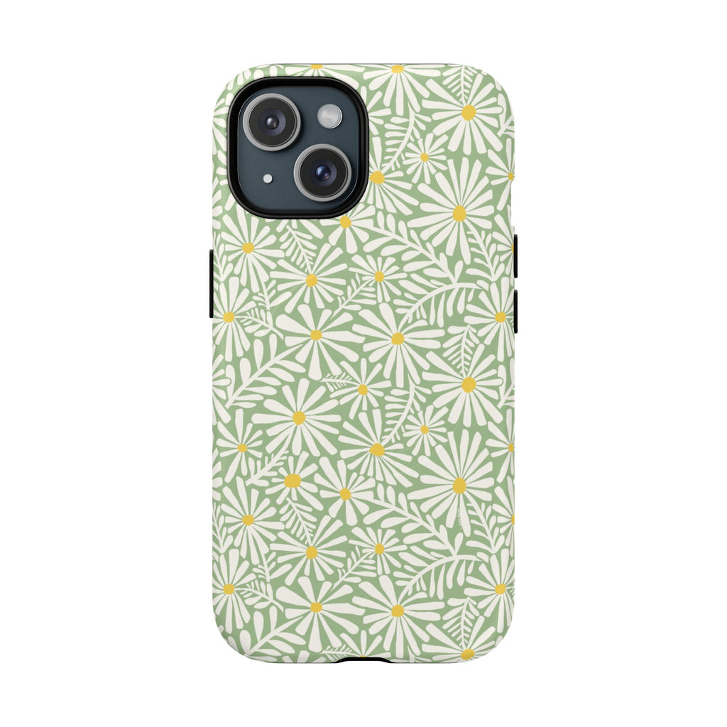 Montauk Daisy Meadow Green MagSafe iPhone 15 Case – Matte | sage green, white graphic daisy and fern print, golden yellow centers MagSafe compatible, dual-layer protection