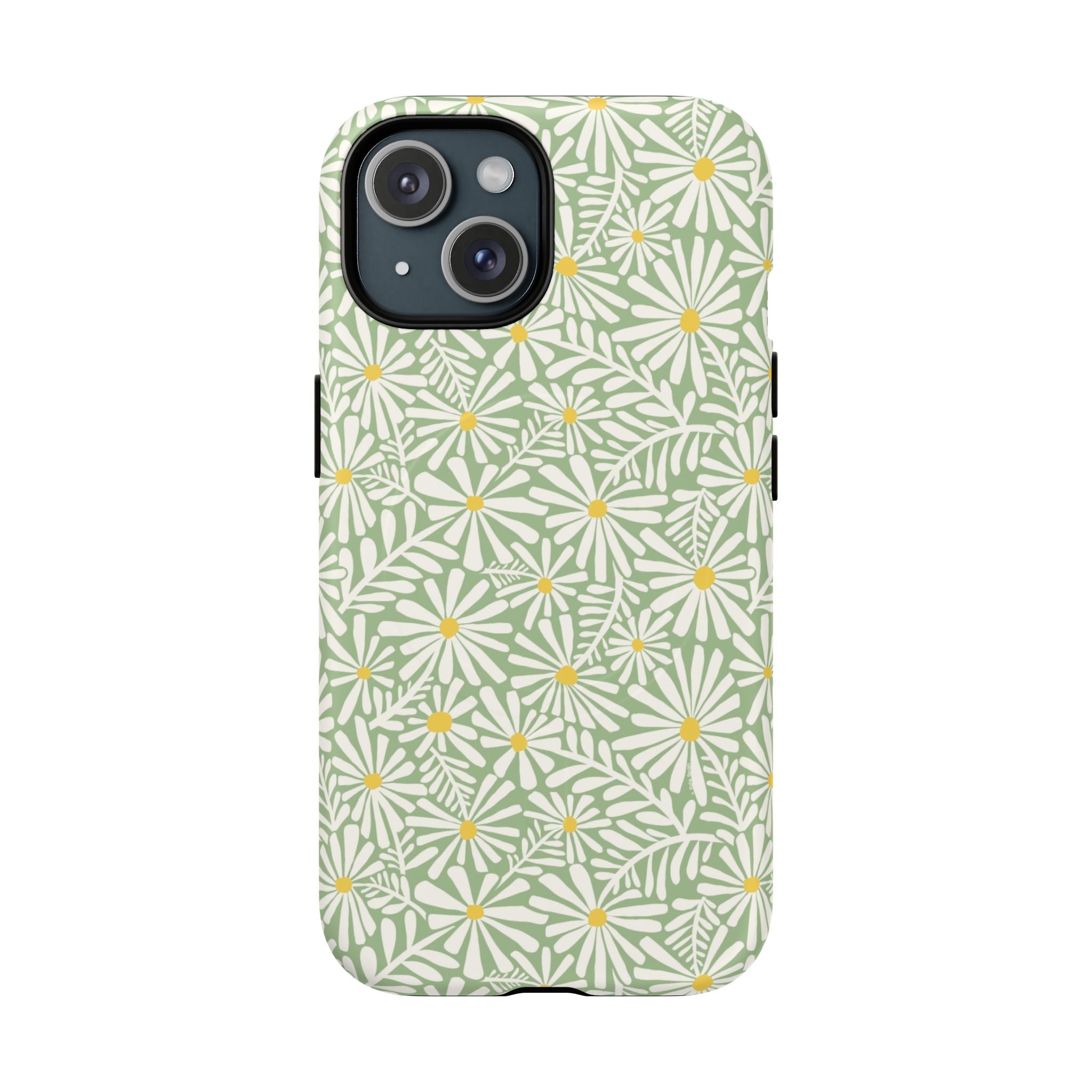 Montauk Daisy Meadow Green MagSafe iPhone 15 Case – Matte | sage green, white graphic daisy and fern print, golden yellow centers MagSafe compatible, dual-layer protection