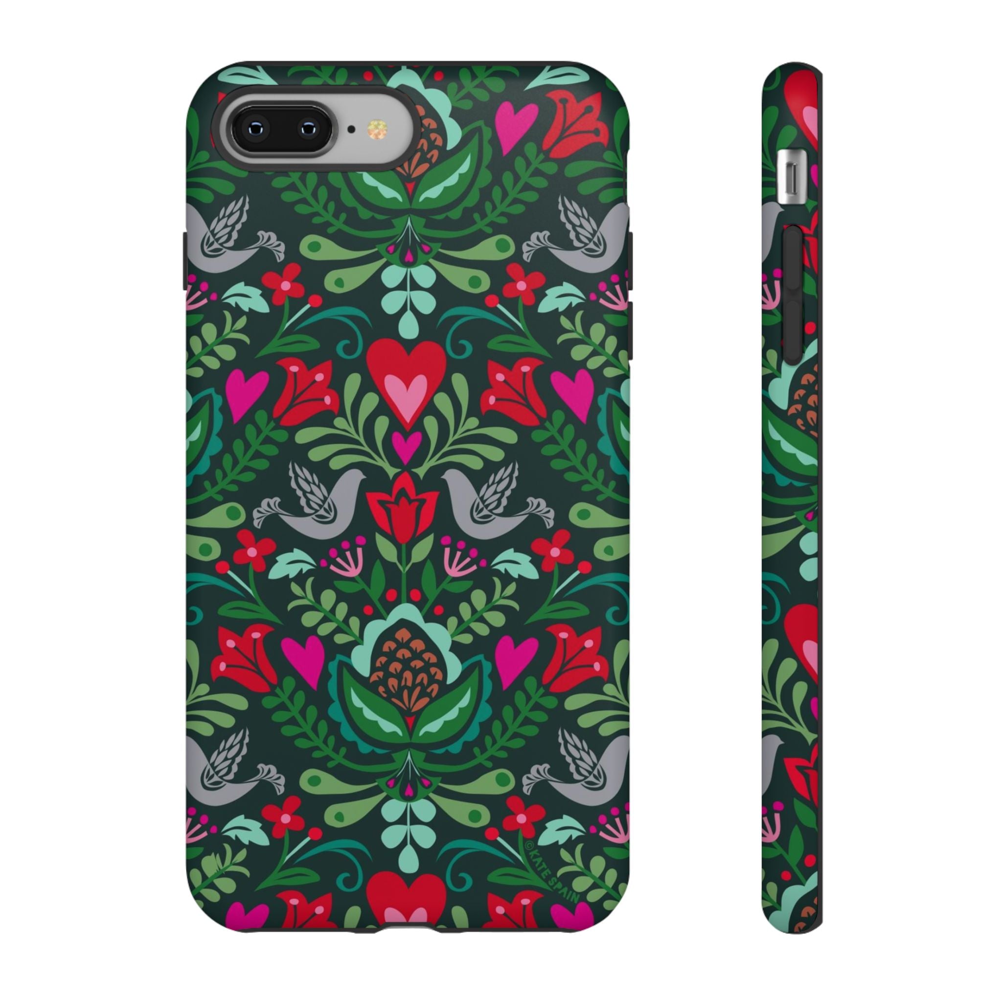 Rosemaling Tough iPhone 8 Plus Case – Matte | dark green, red, pink, gray folk art floral bird print