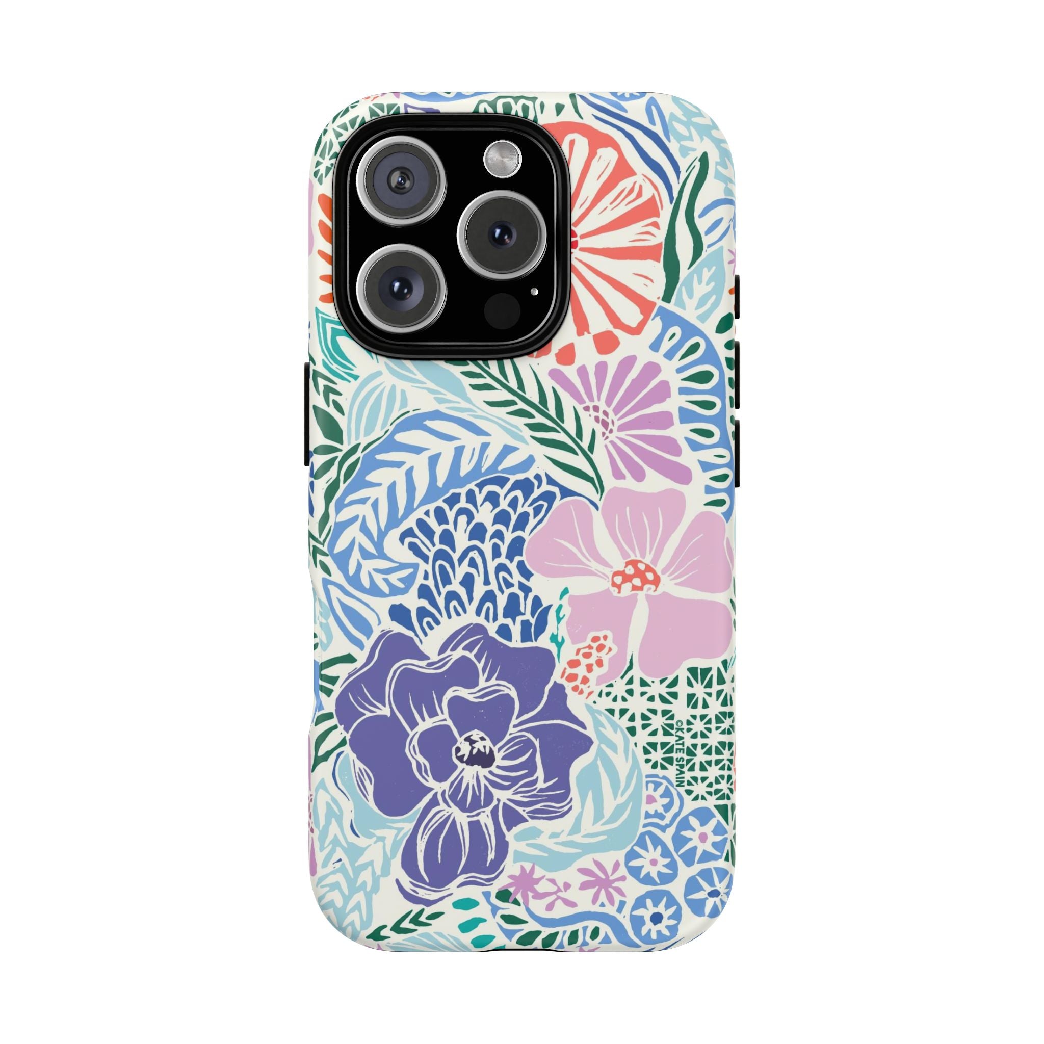Tropica Tough iPhone 16 Pro Case – Glossy | purple, coral, pink, blue botanical tropical floral print