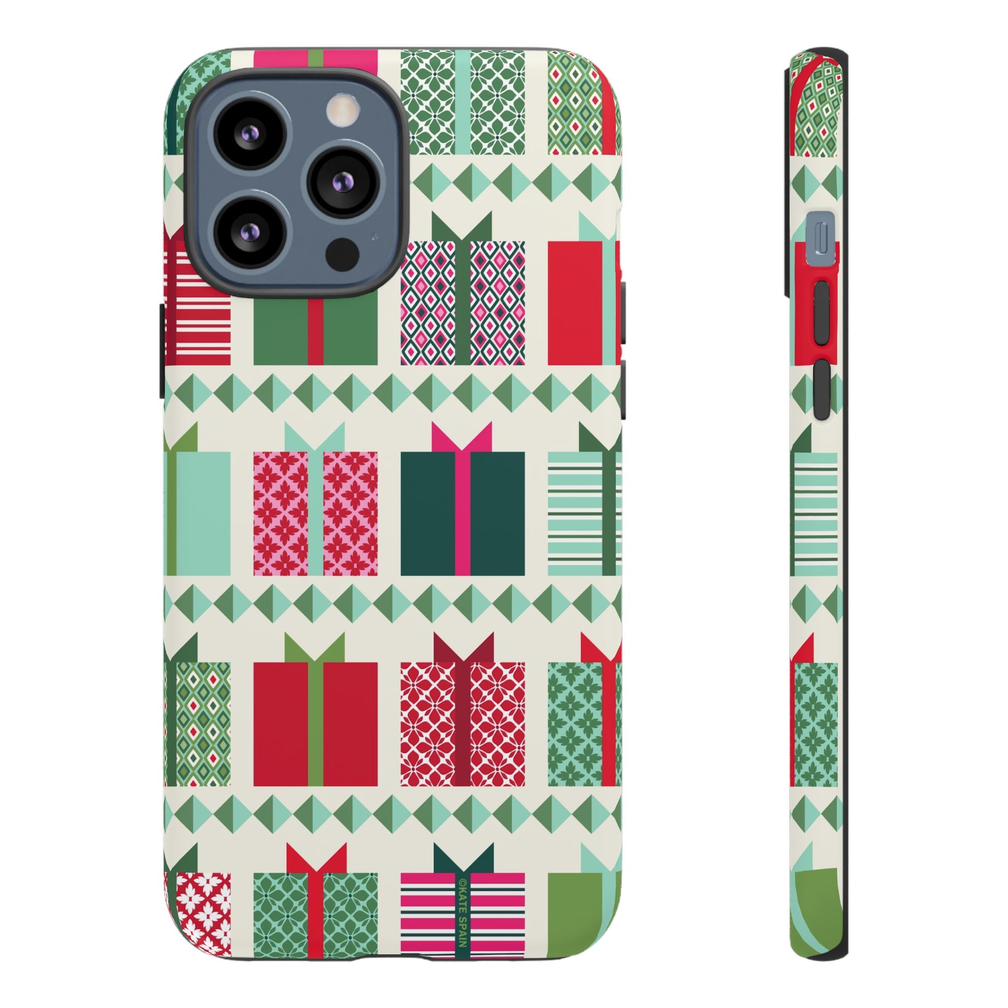 All Wrapped Up Tough iPhone 13 Pro Max Case – Matte | cream, red, pink, green, mint geometric gift wrap holiday print