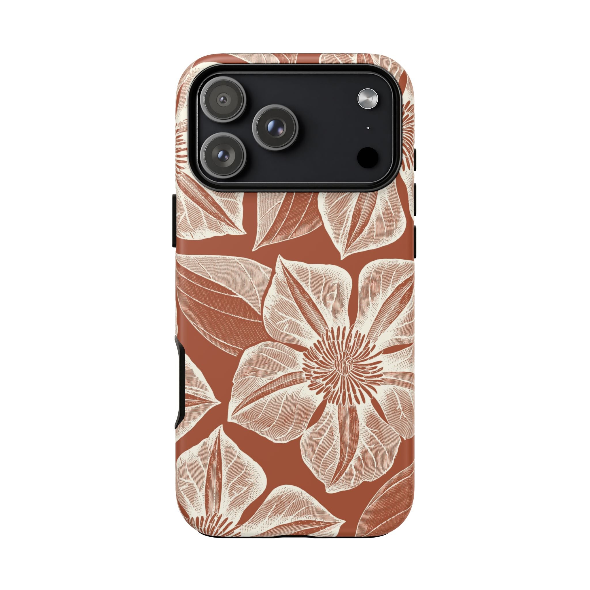 Vintage Bloom Sienna iPhone 17 Pro Max case – Matte | sienna ground, large-scale cream clematis print, engraved petal detail, dual-layer protection