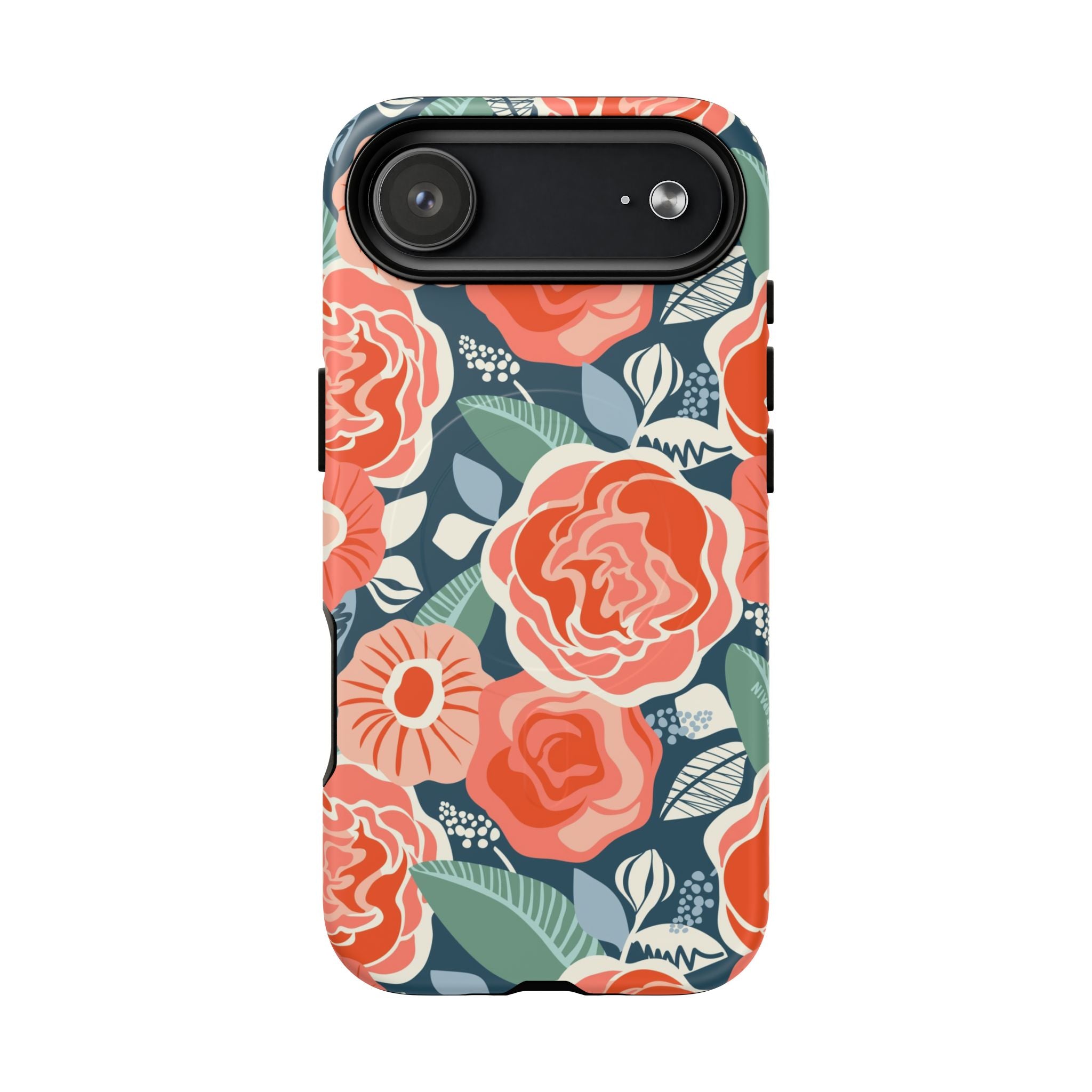 Luxury Tea Rose Navy MagSafe iPhone 17 Air Case – Matte | navy, coral, peach botanical rose floral print